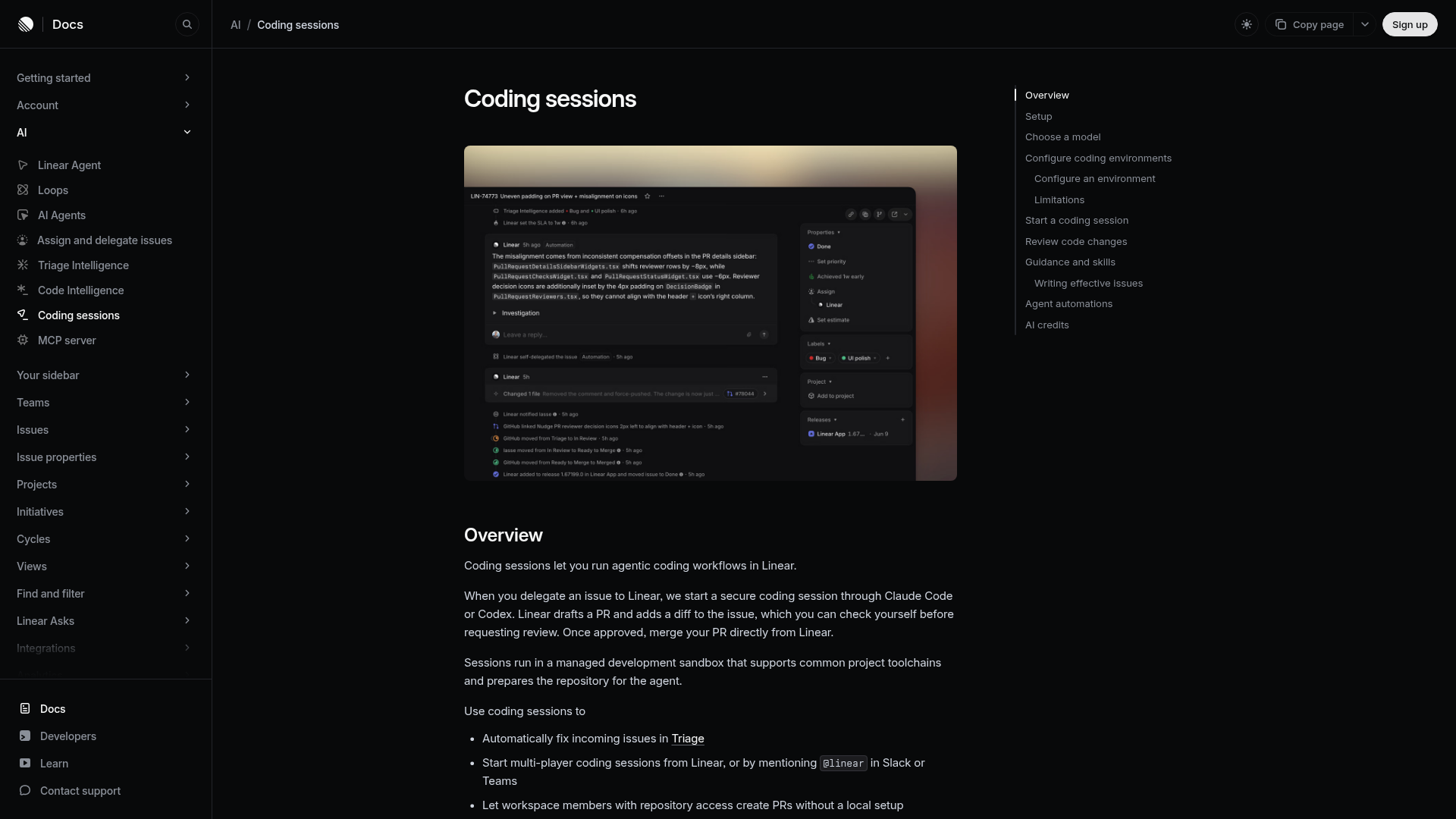 Linear coding sessions documentation showing an agent coding workflow and verification artifacts
