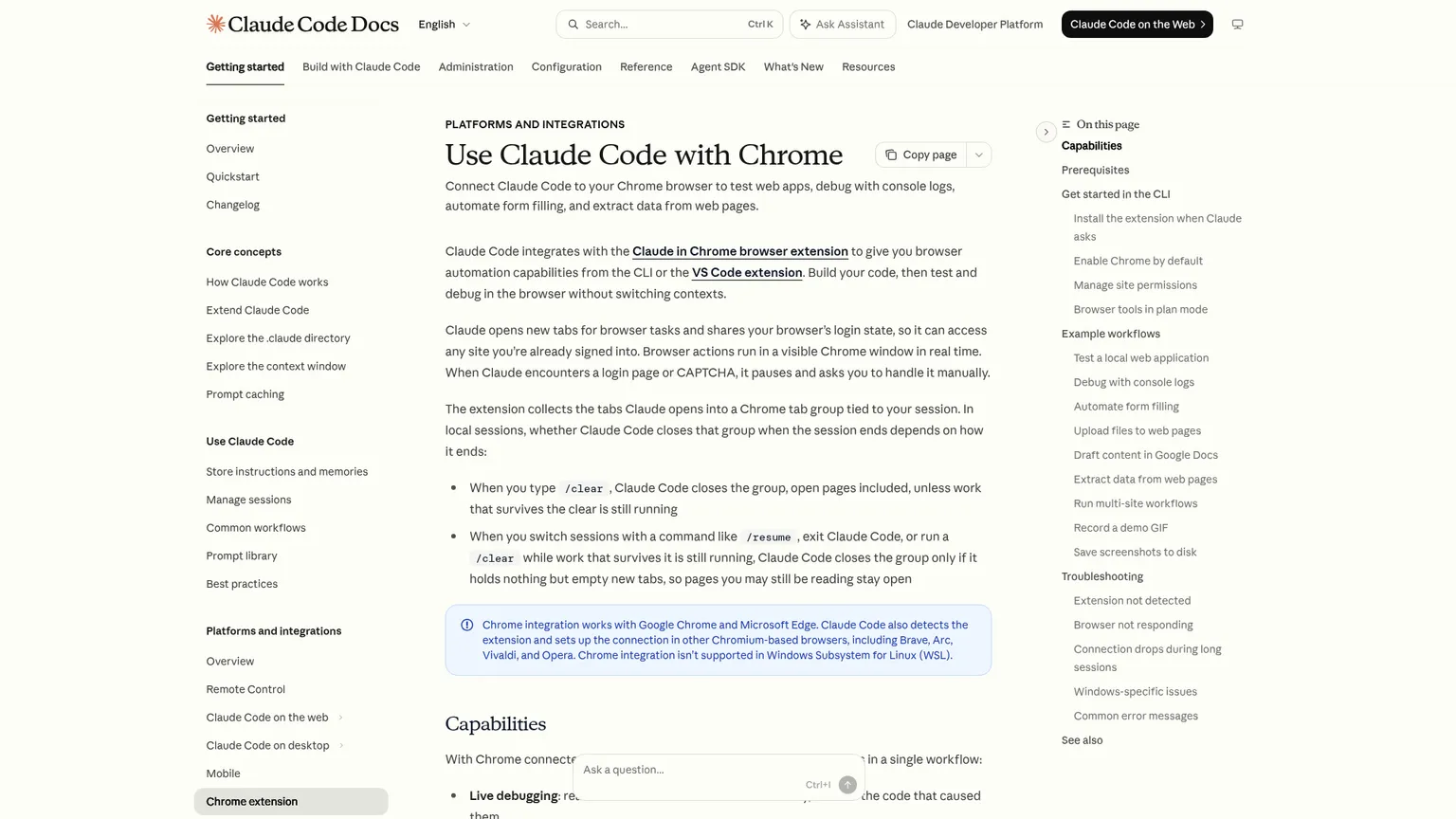 코딩 워크플로에서 브라우저 자동화를 보여 주는 Claude Code Chrome 연동 문서