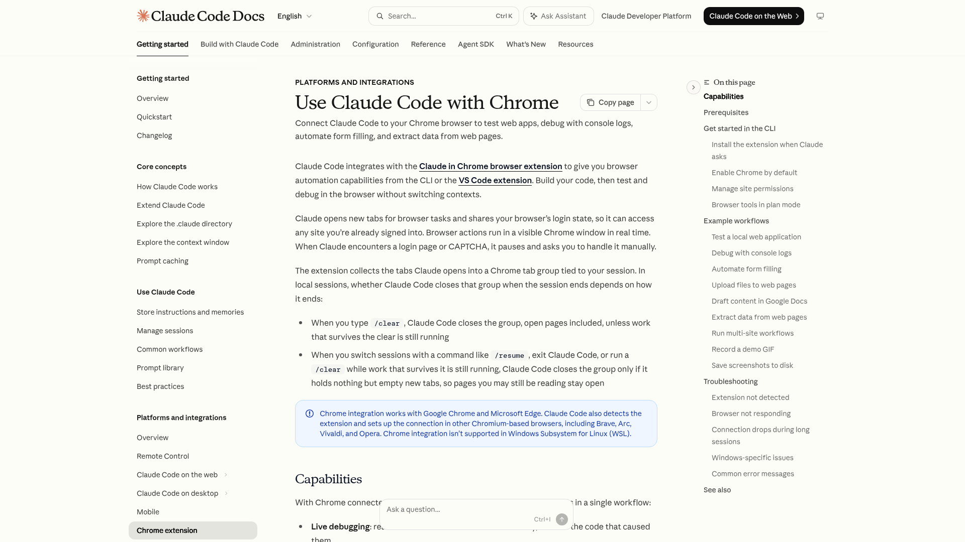 Claude Code Chrome integration documentation showing browser automation from the coding workflow