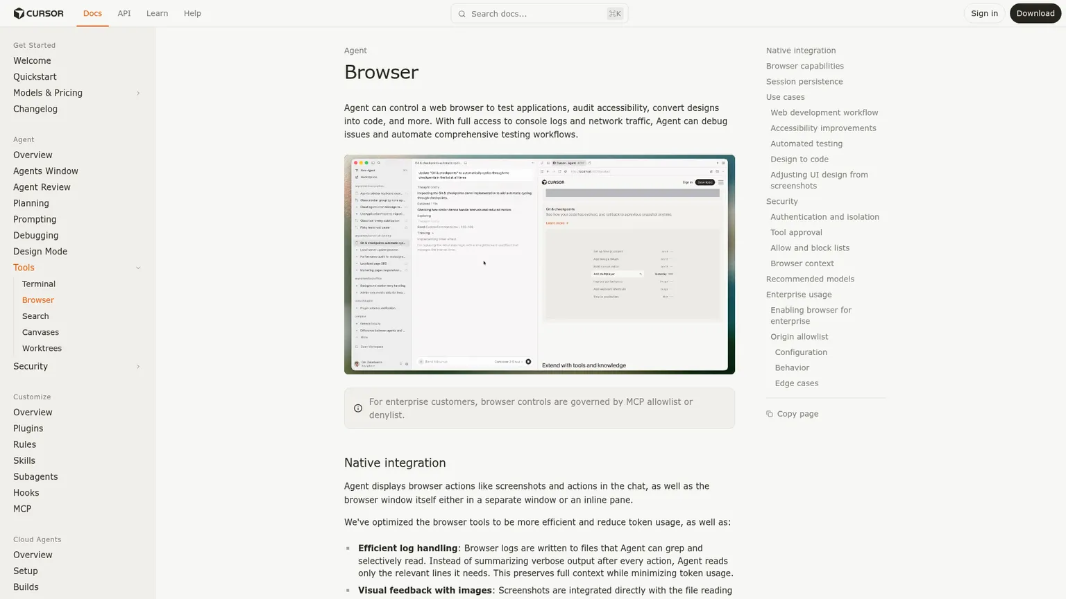 통합 브라우저 동작, 스크린샷, 콘솔 로그, 네트워크 트래픽을 보여 주는 Cursor Browser 문서