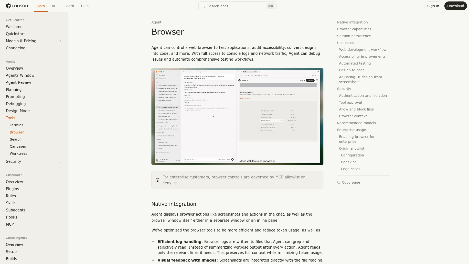 Cursor Browser documentation showing integrated browser actions, screenshots, console logs, and network traffic