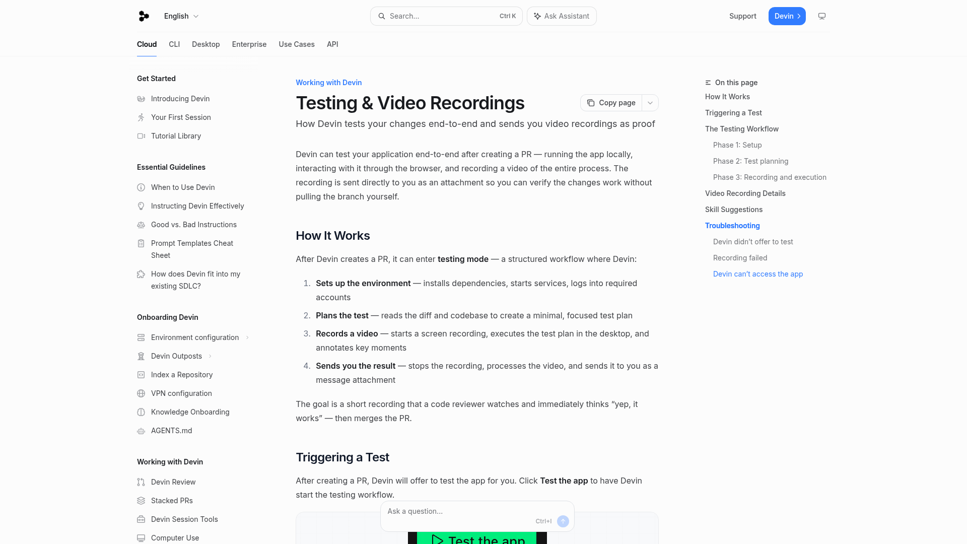 Devin testing and recordings documentation showing the Test the app workflow and video evidence