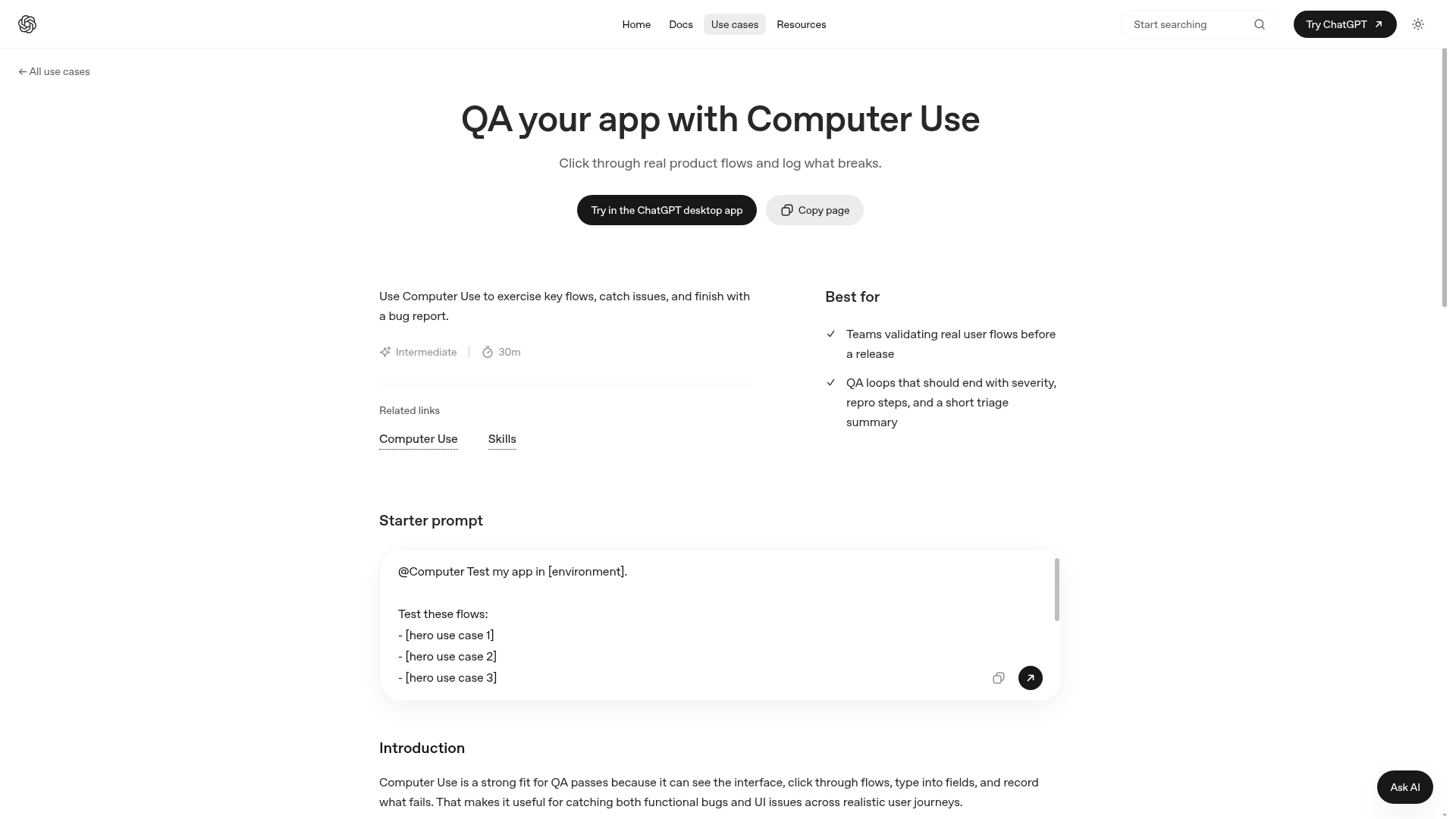 OpenAI Codex Computer Use QA workflow showing how to test product flows and return a bug report