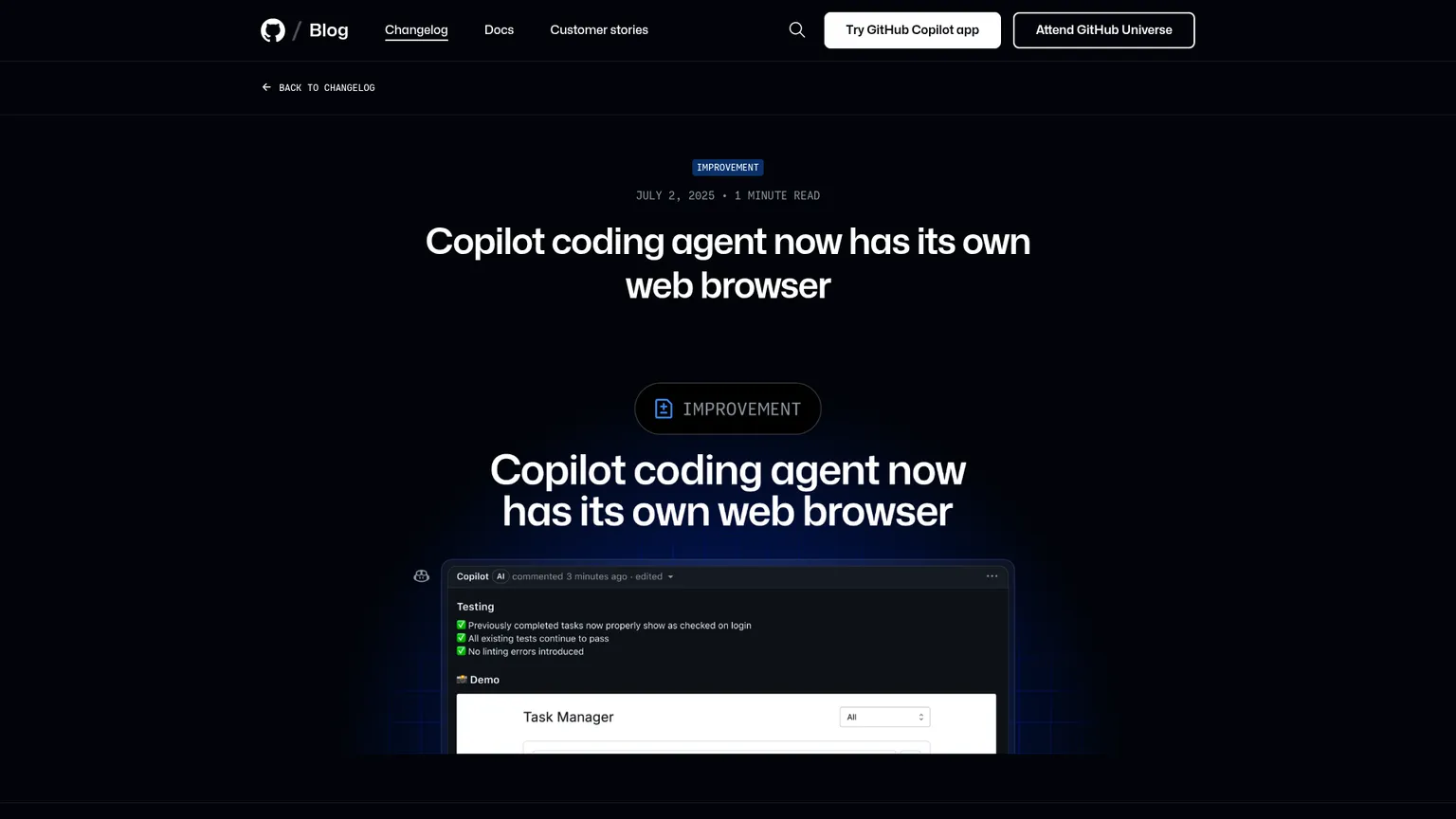 Playwright 검증과 PR 스크린샷을 보여 주는 GitHub Copilot coding agent 브라우저 발표