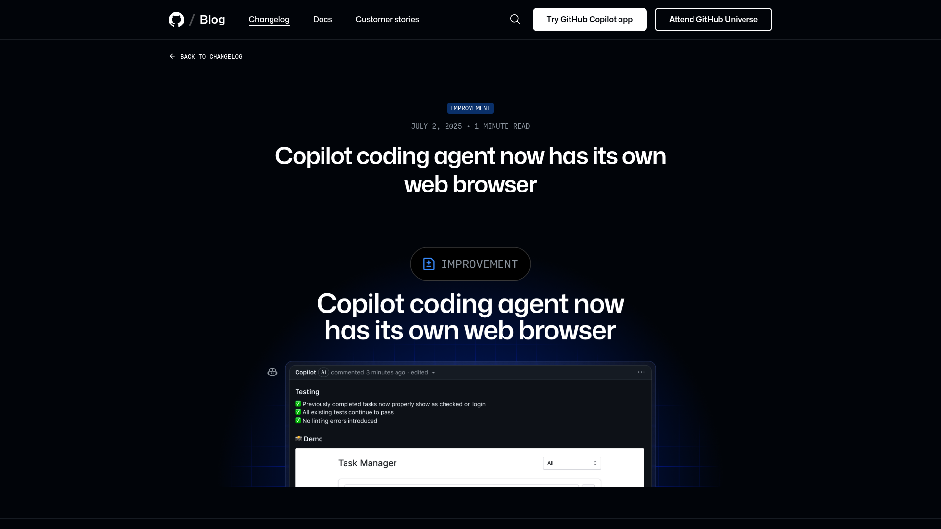 GitHub Copilot coding agent browser announcement showing Playwright validation and a screenshot in a pull request