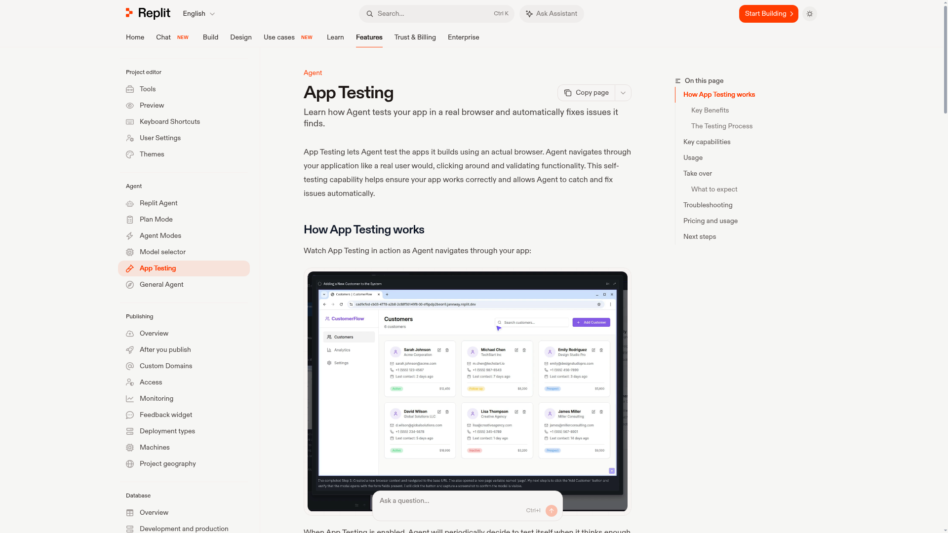 Replit Agent App Testing documentation showing browser preview, autonomous testing, takeover, and replay