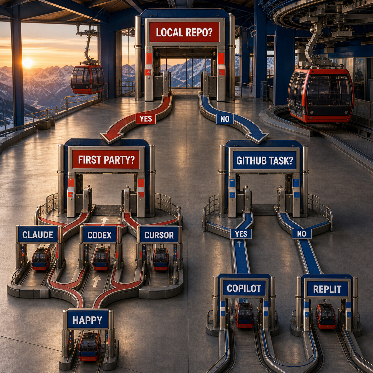 Decision flow routing local repository, engineering control plane, GitHub dispatch, and phone-only building to six mobile coding options