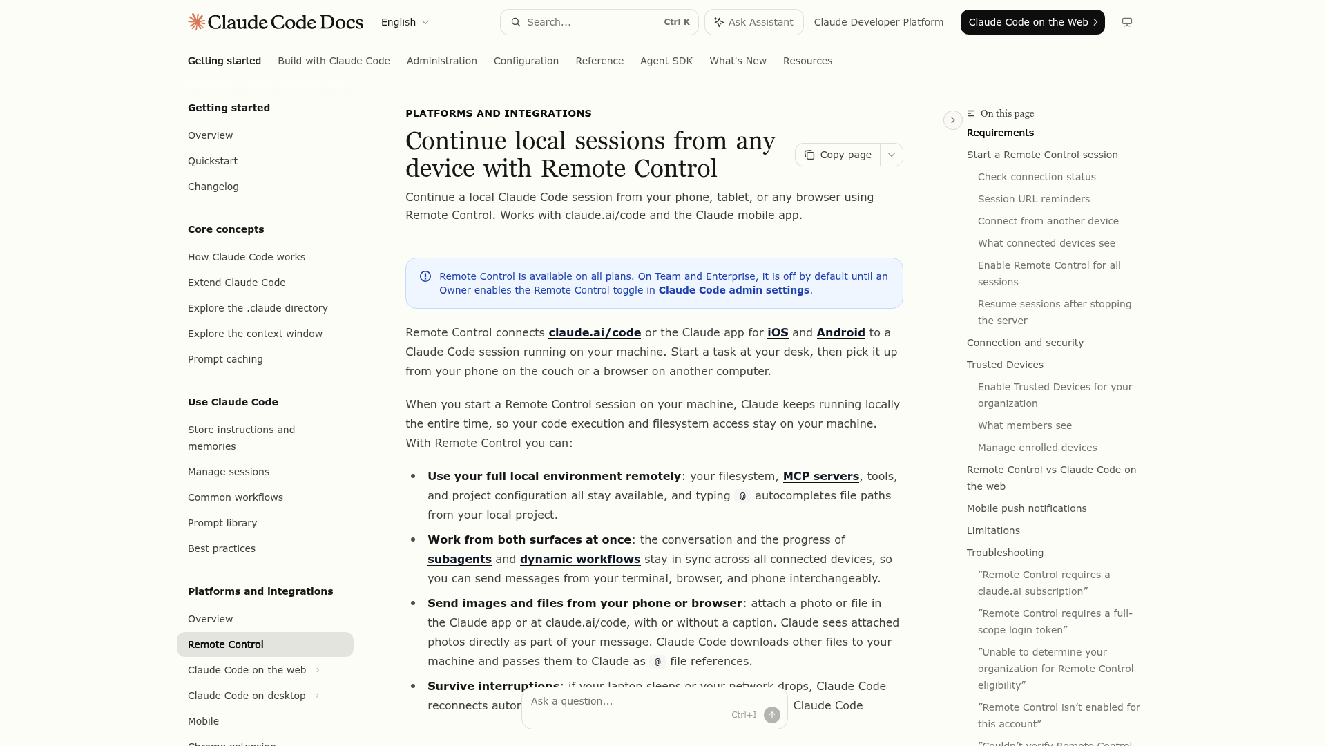 Claude Code Remote Control documentation showing local execution and mobile connection options