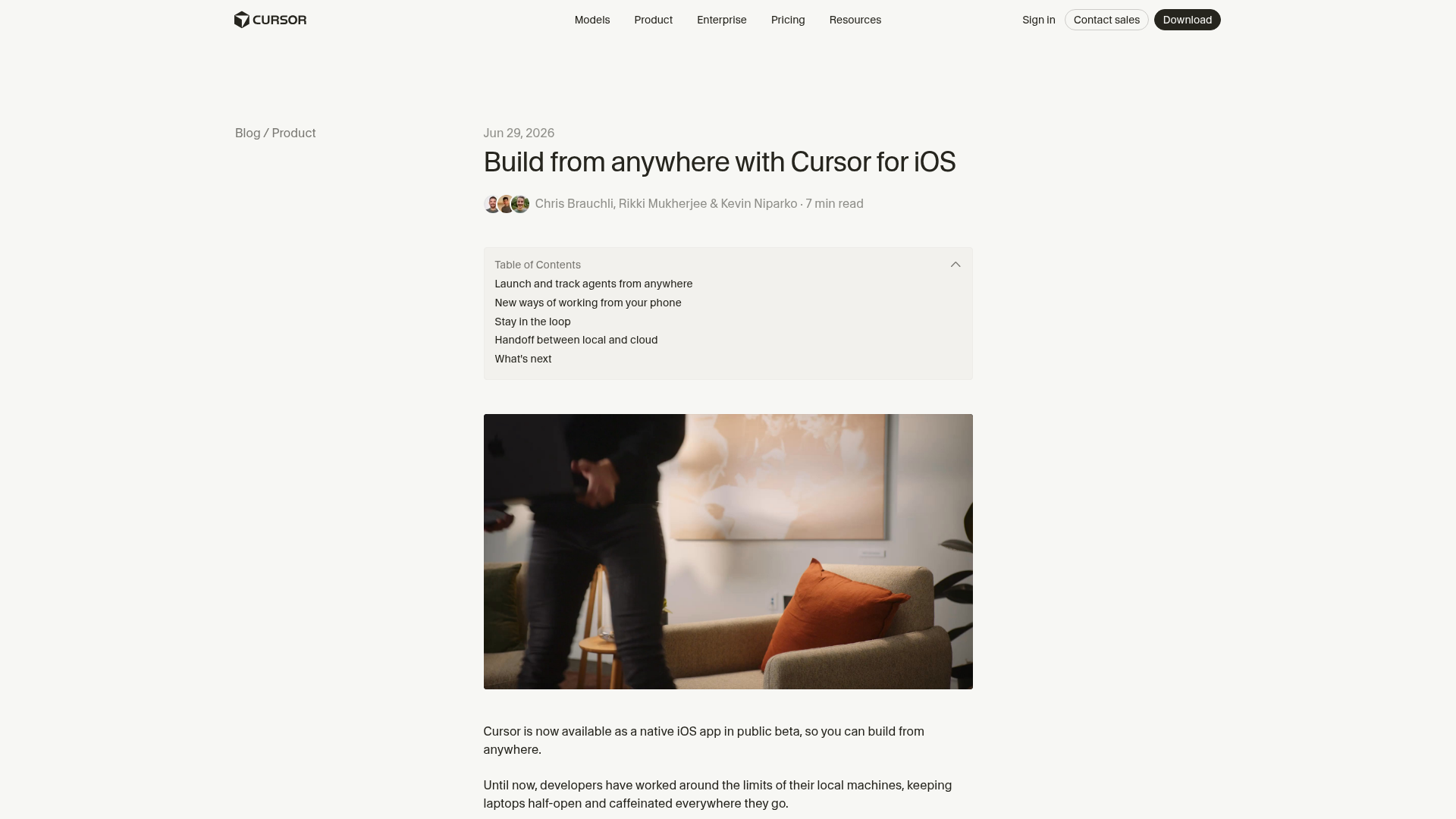 Cursor for iOS announcement showing mobile launch, review, and local-to-cloud agent handoff