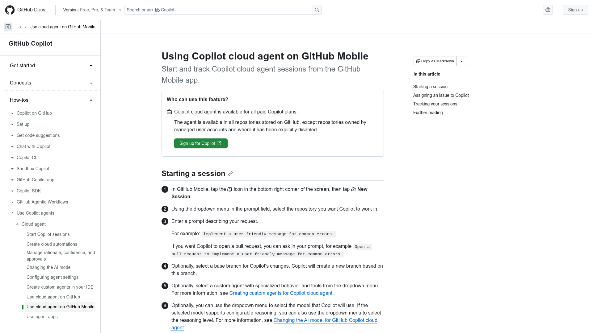 GitHub documentation for starting and tracking Copilot cloud agent sessions in GitHub Mobile