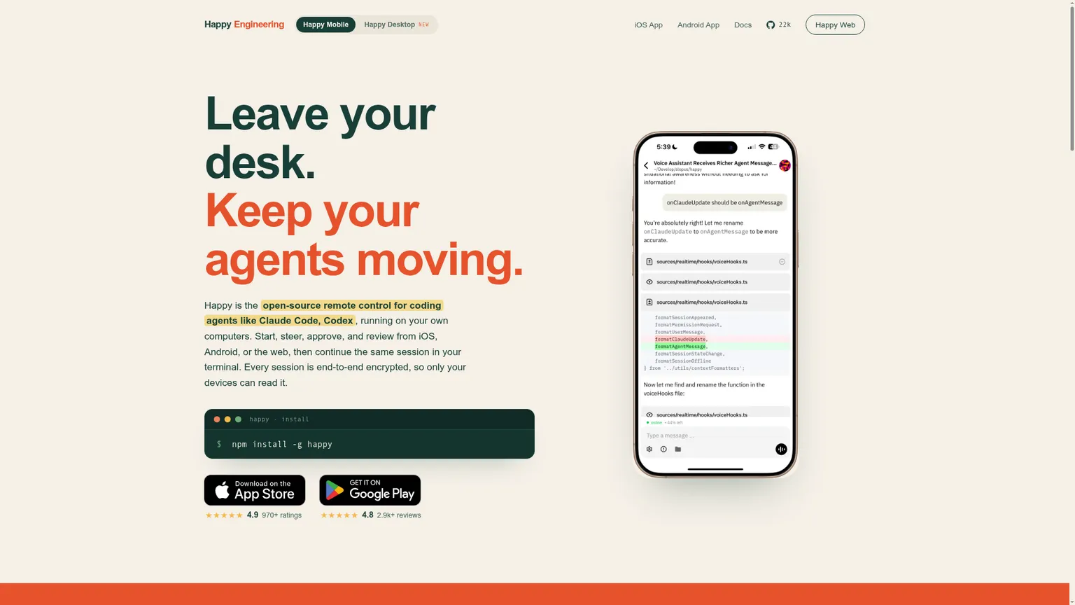 Page de Happy présentant une télécommande mobile chiffrée pour Claude Code et Codex