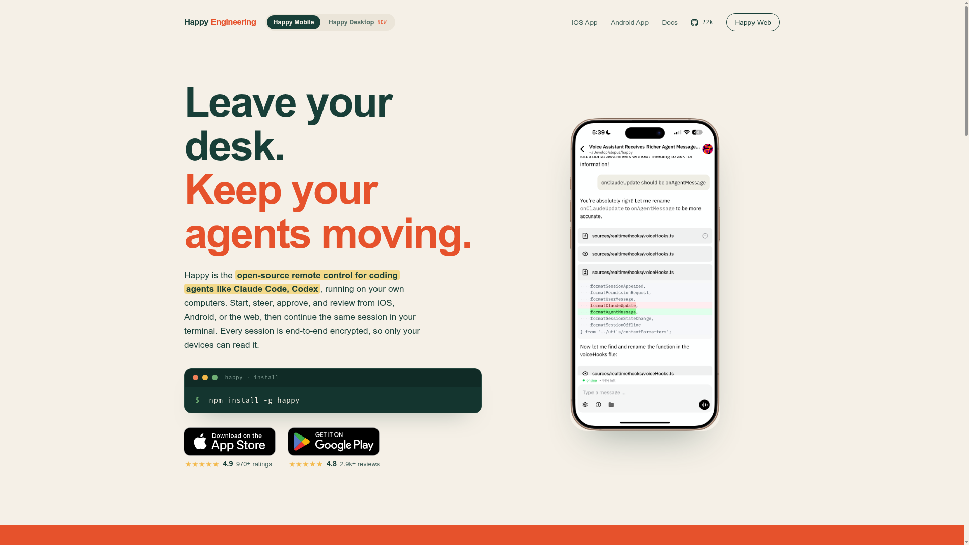 Happy product page showing an encrypted mobile remote for Claude Code and Codex