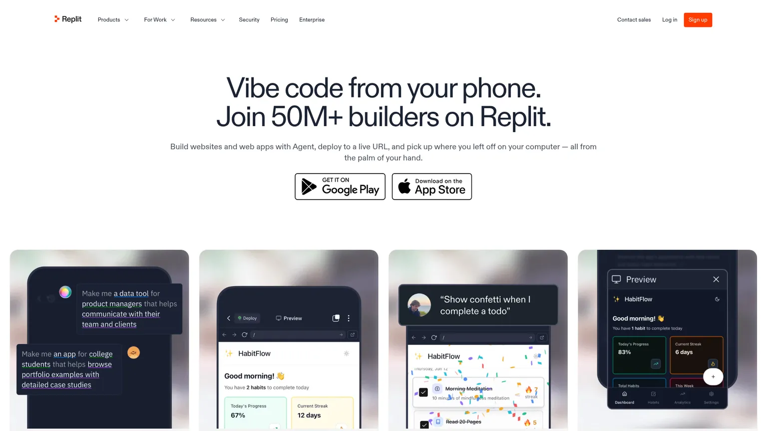 Page mobile de Replit montrant Agent créer et déployer une application web depuis un téléphone