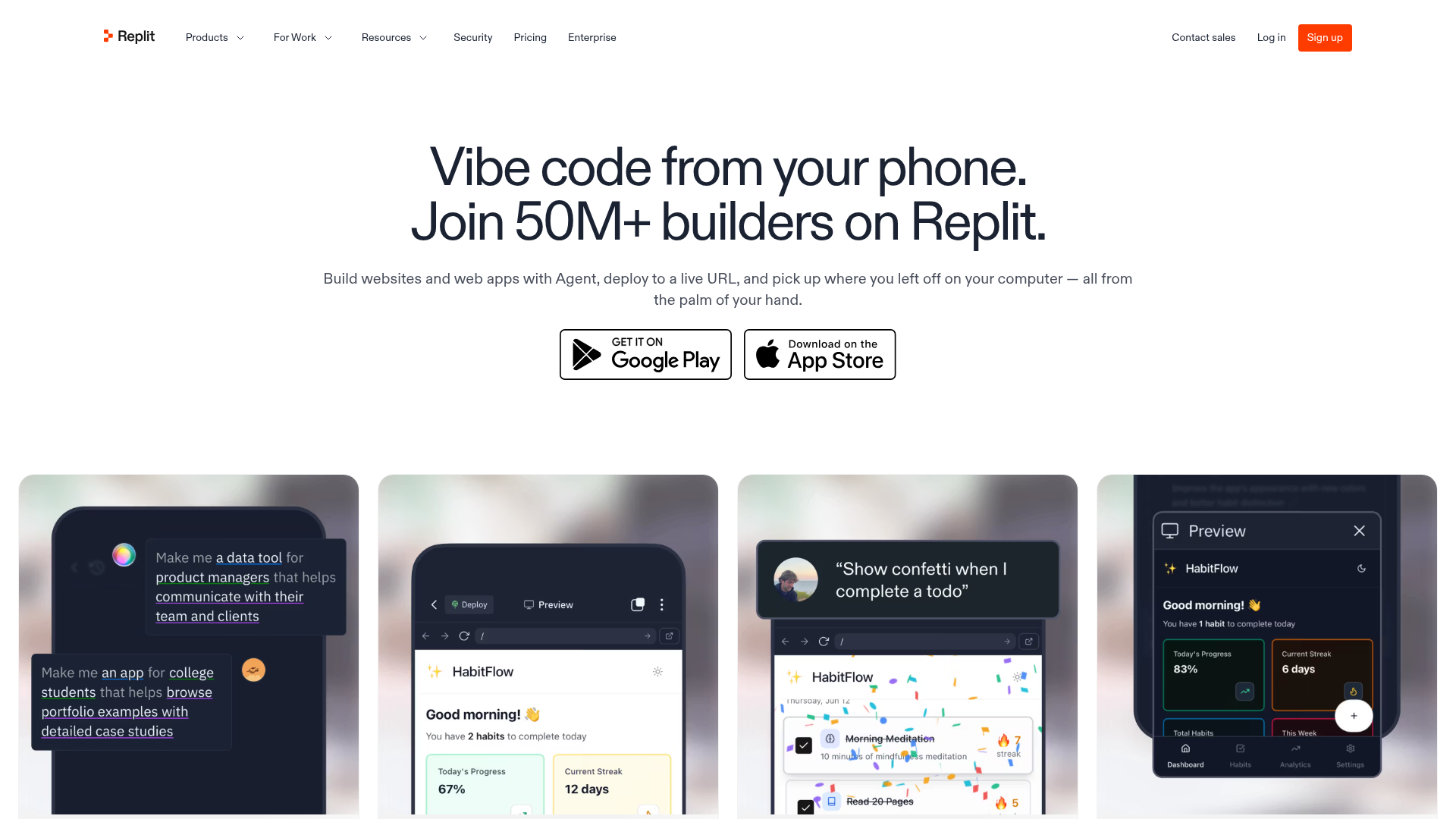 Replit mobile product page showing Agent building and deploying a web app from a phone