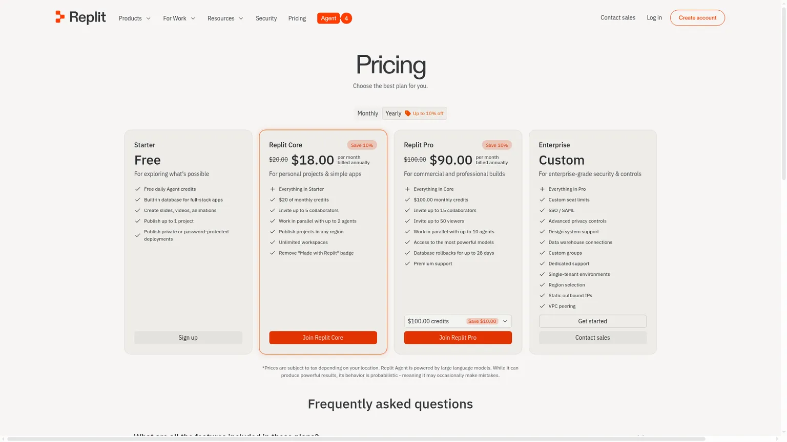 Replit pricing screenshot