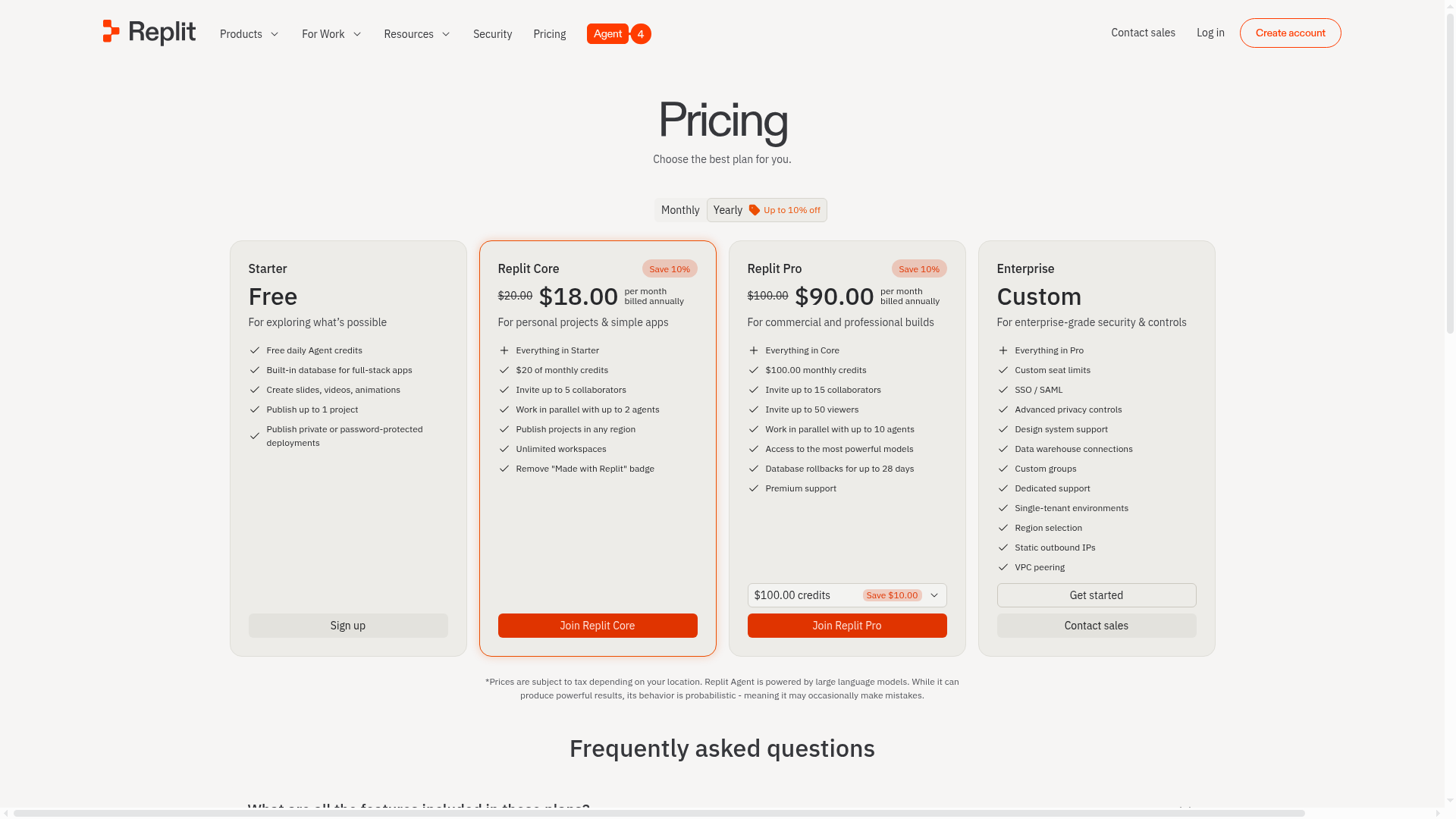 Replit pricing screenshot