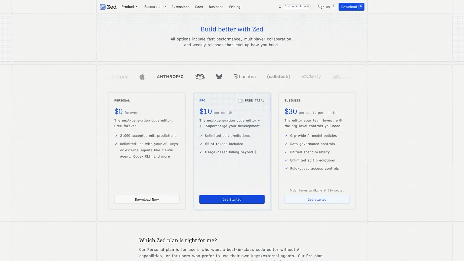 Zed pricing screenshot