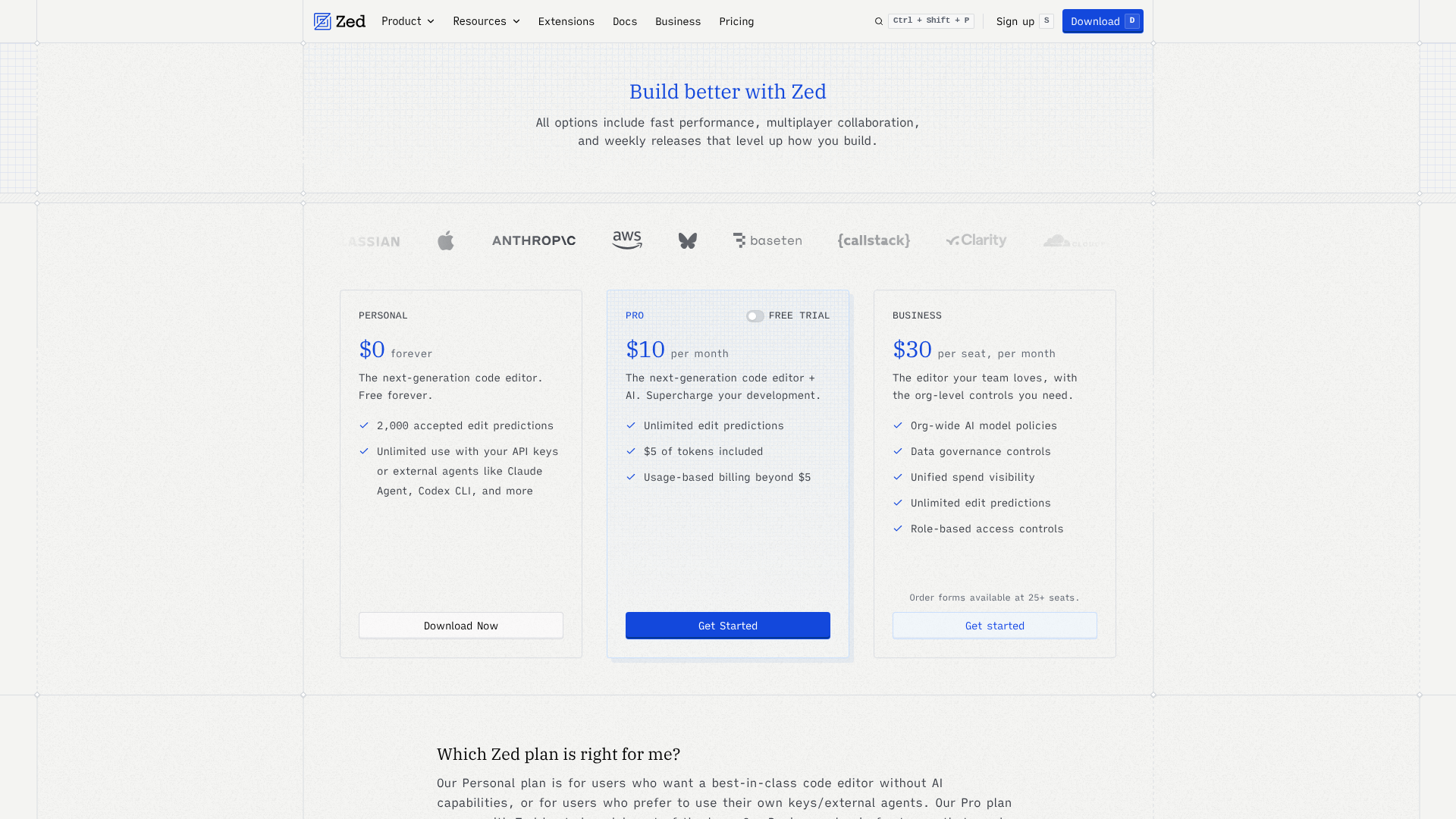 Zed pricing screenshot