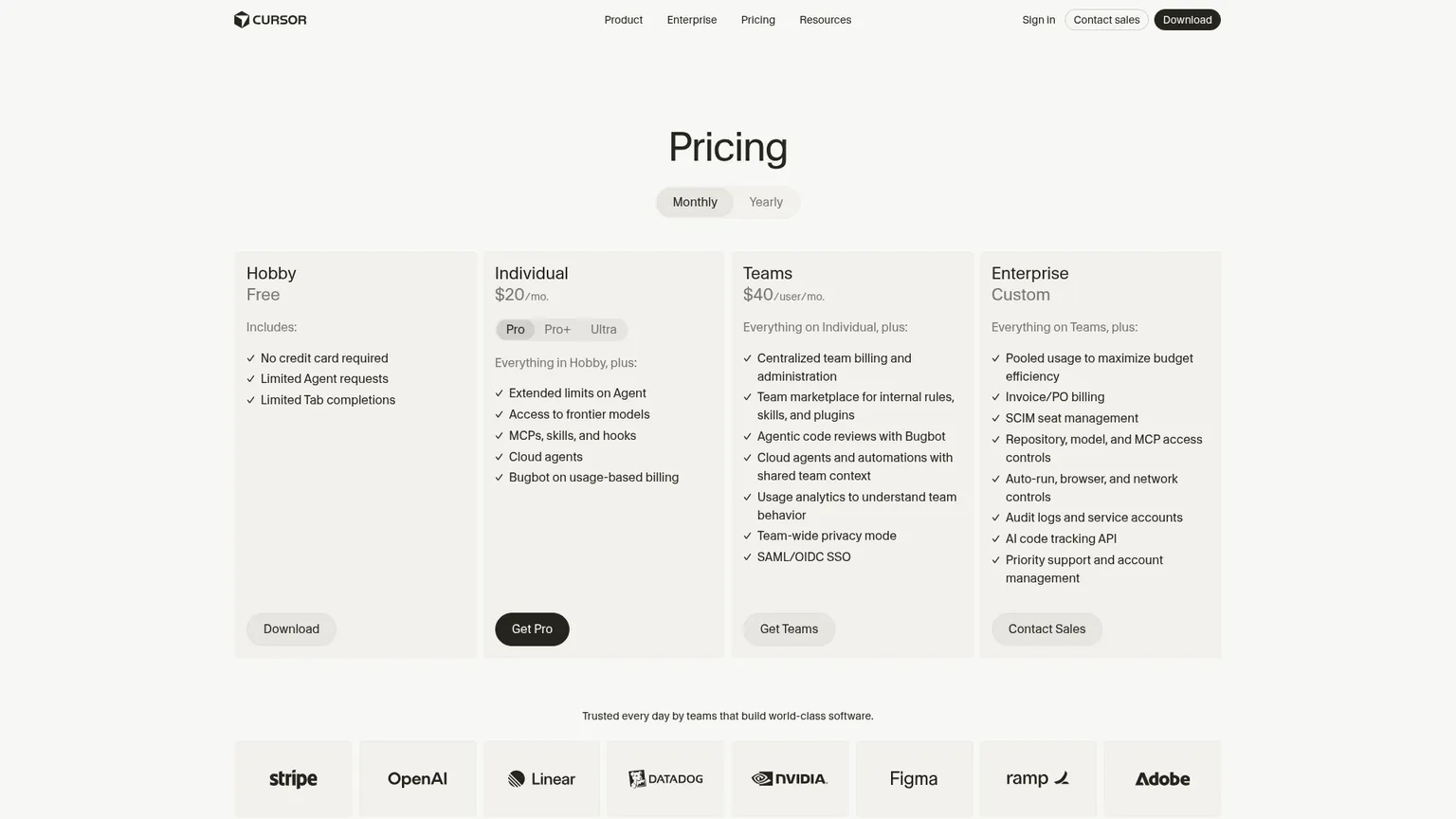 Cursor pricing screenshot