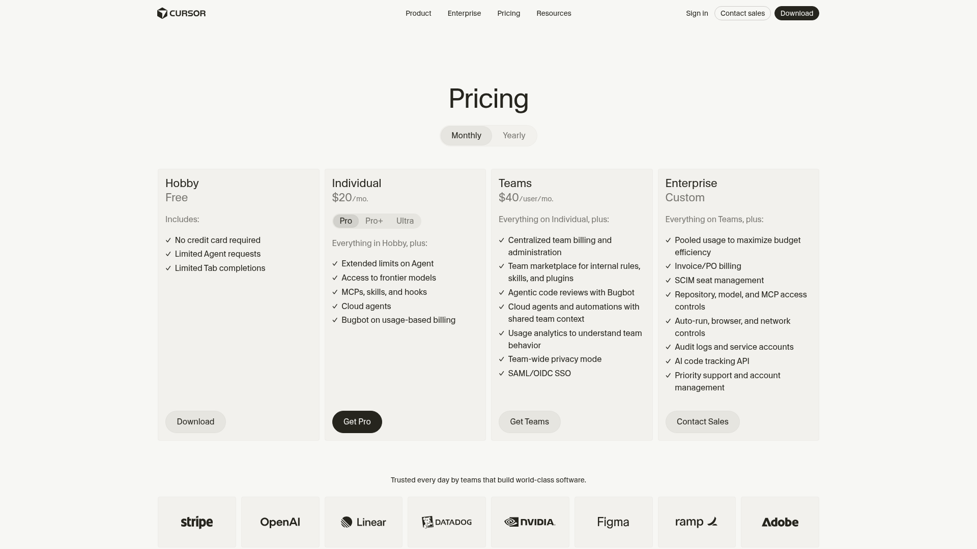 Cursor pricing screenshot