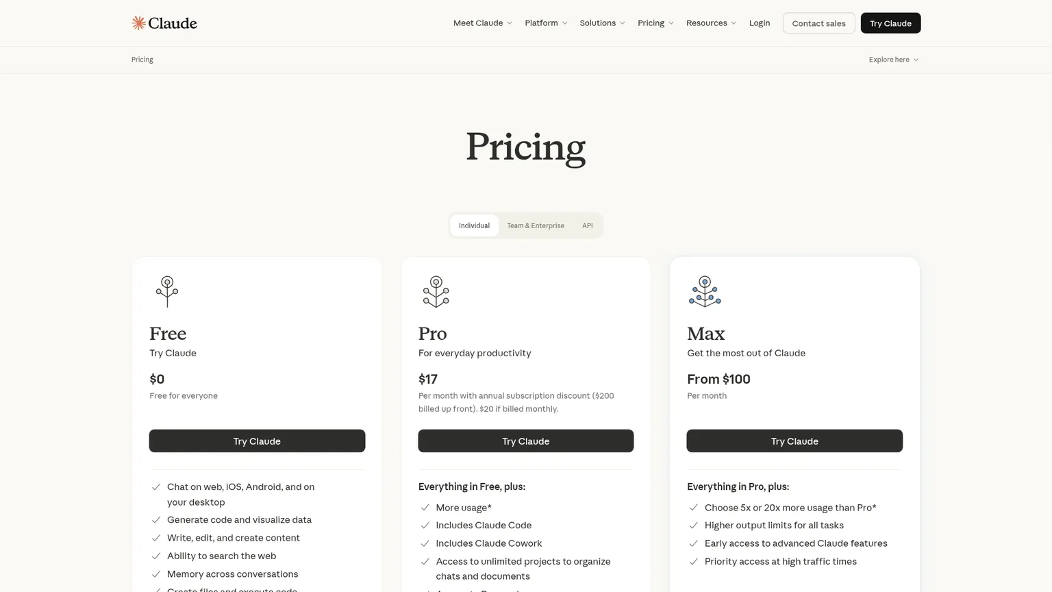 Claude pricing screenshot