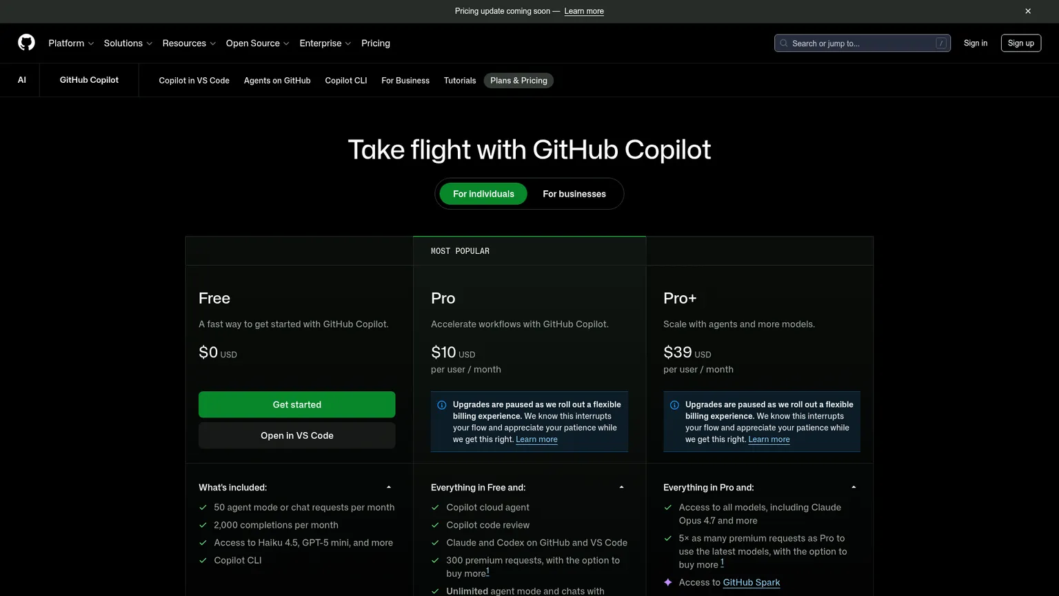 GitHub Copilot pricing screenshot