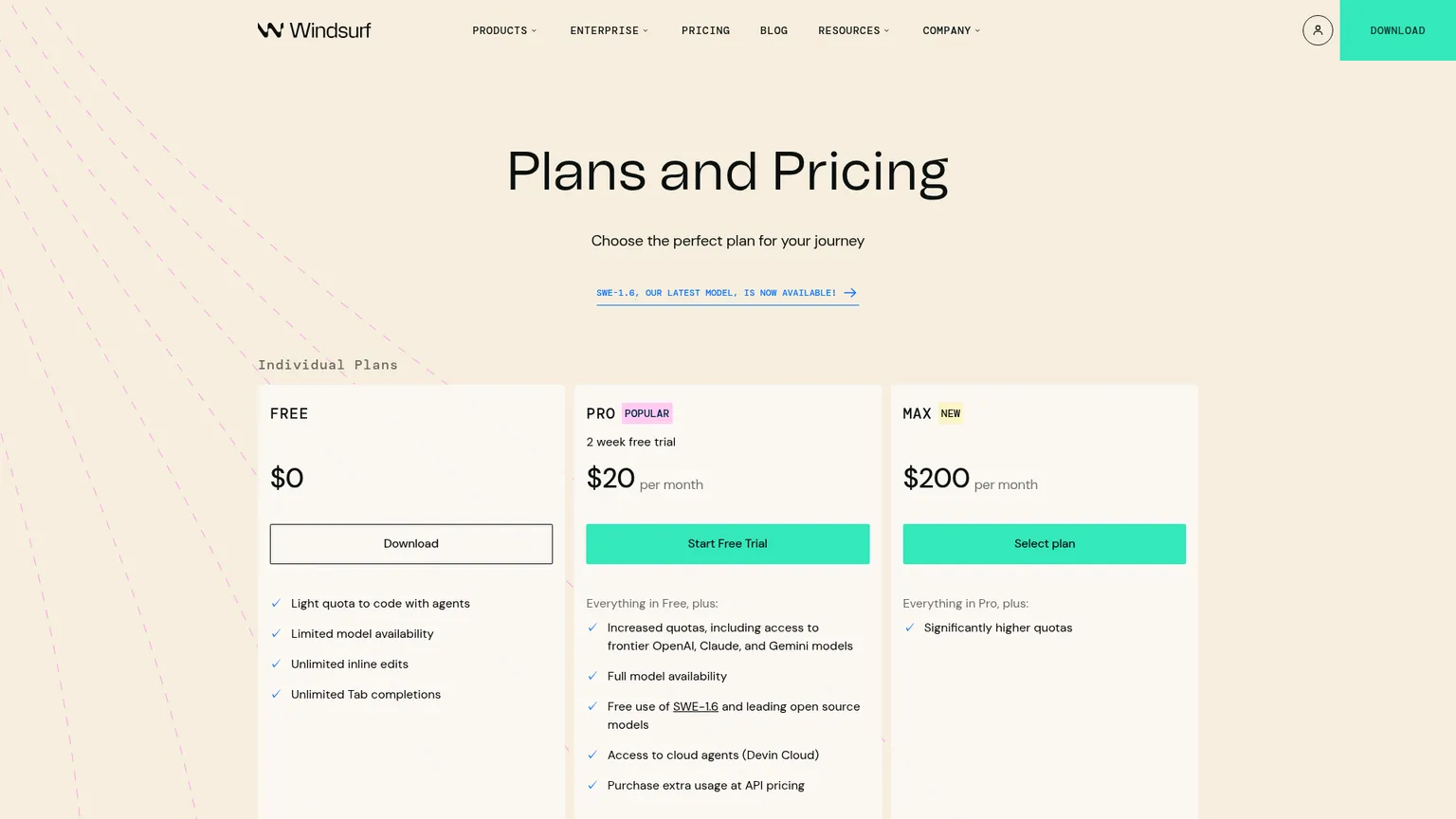 Windsurf pricing screenshot