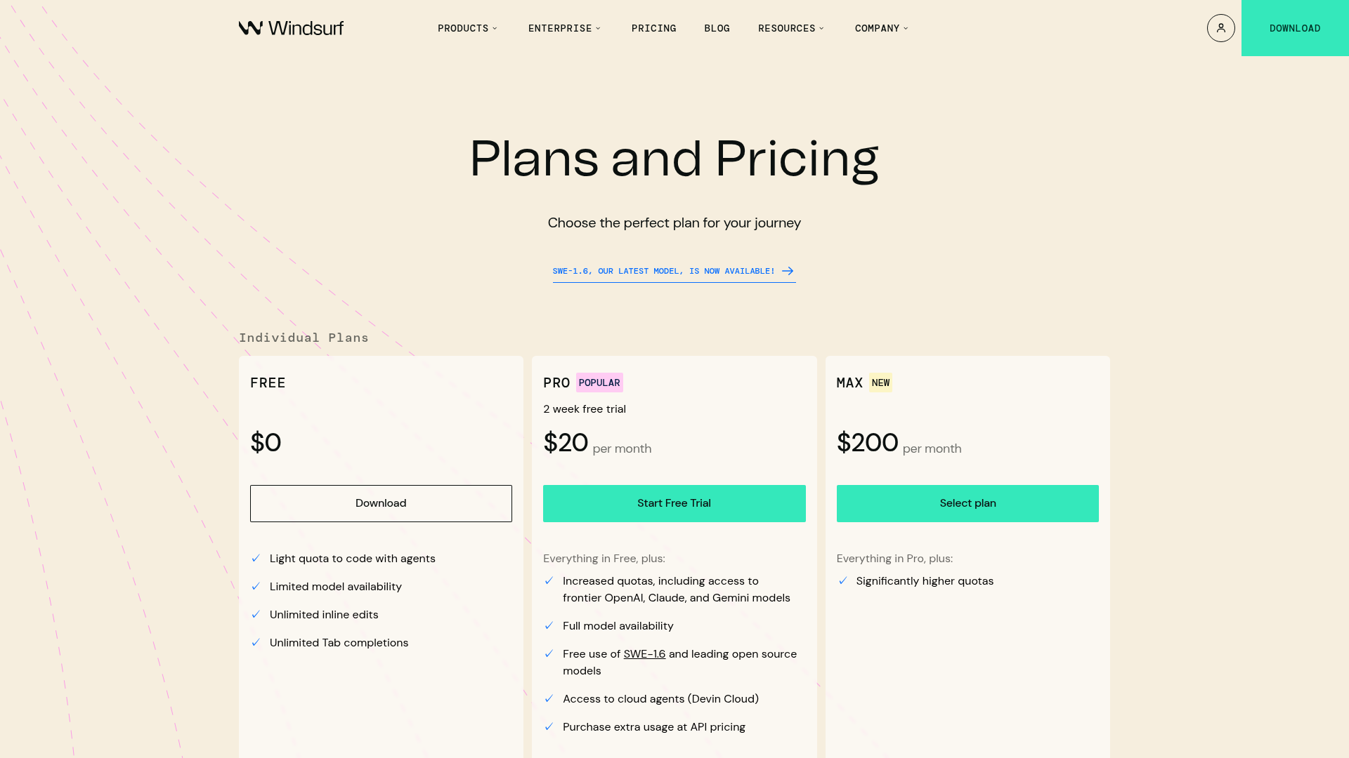 Windsurf pricing screenshot