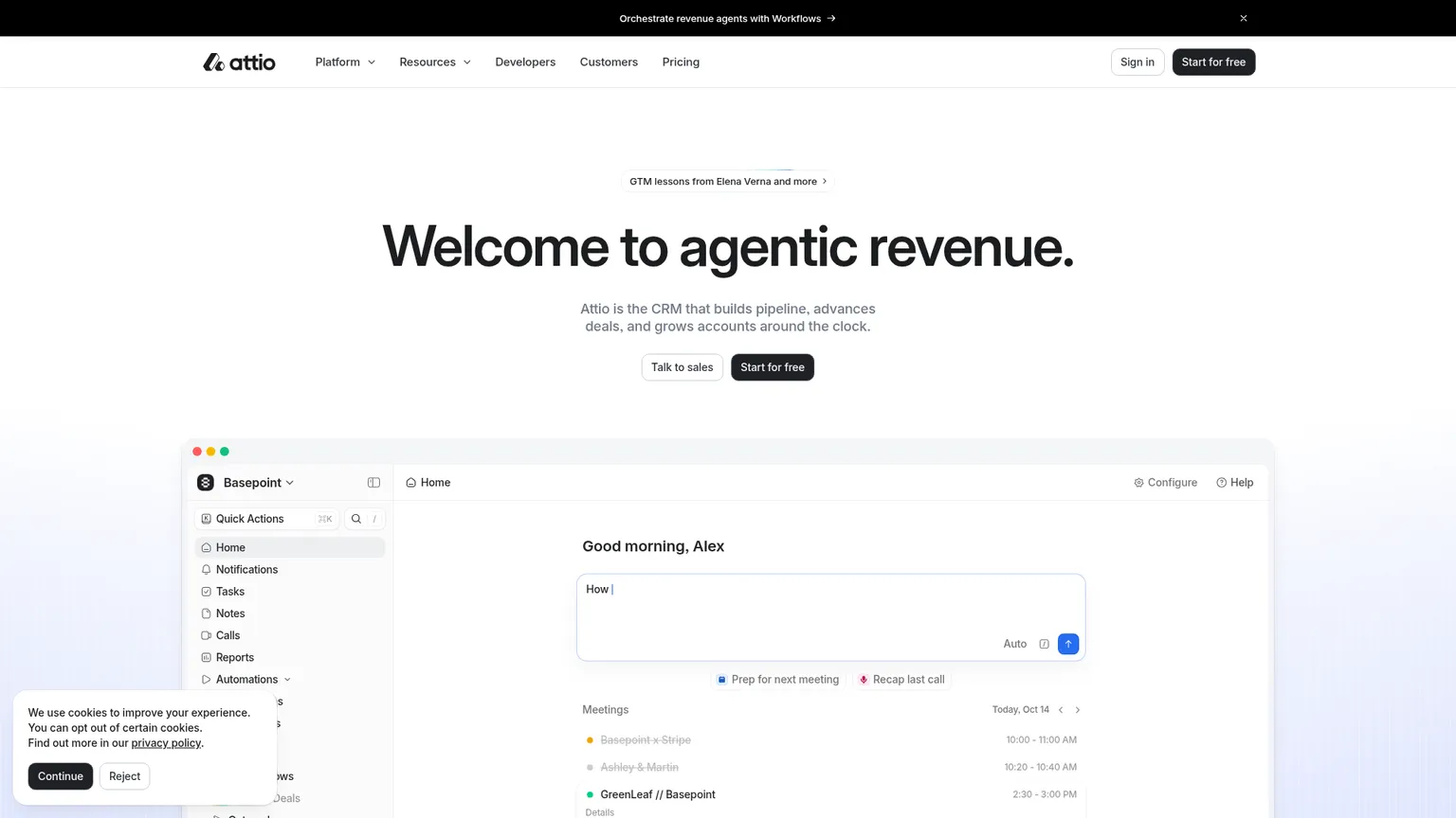La pagina prodotto di Attio mostra contesto CRM collegato, agenti e un ambiente di lavoro commerciale configurabile.