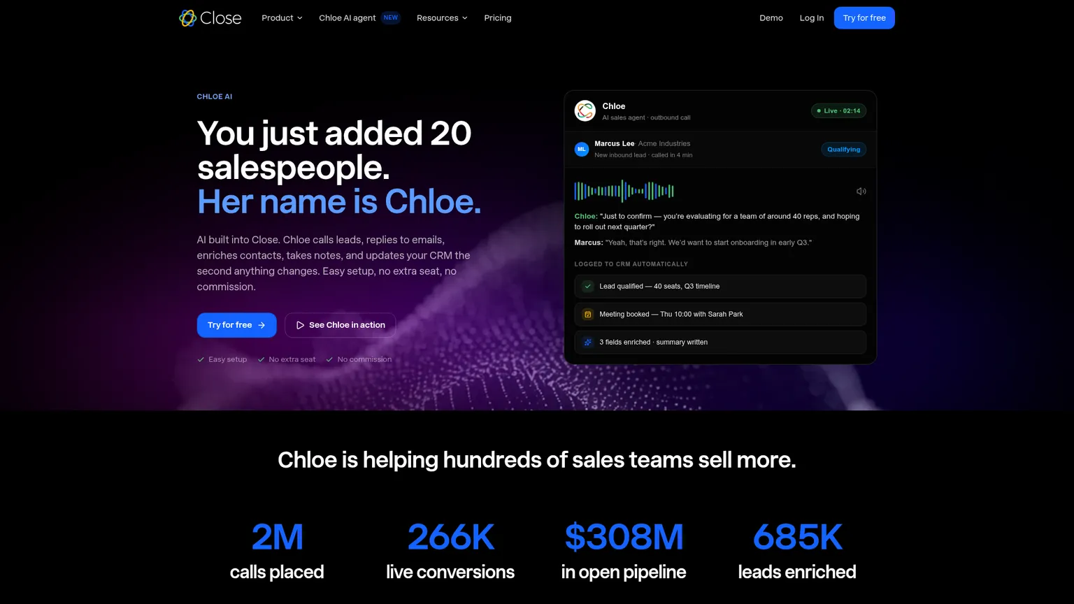 La pagina prodotto di Chloe di Close mostra chiamate AI, selezione delle liste di lead ed esiti delle chiamate registrati nel CRM.