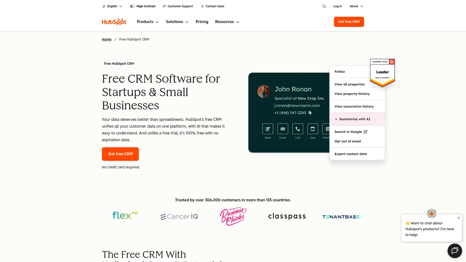 La pagina del CRM gratuito di HubSpot mostra gestione dei contatti, strumenti commerciali collegati e Breeze Assistant sulle schede CRM.