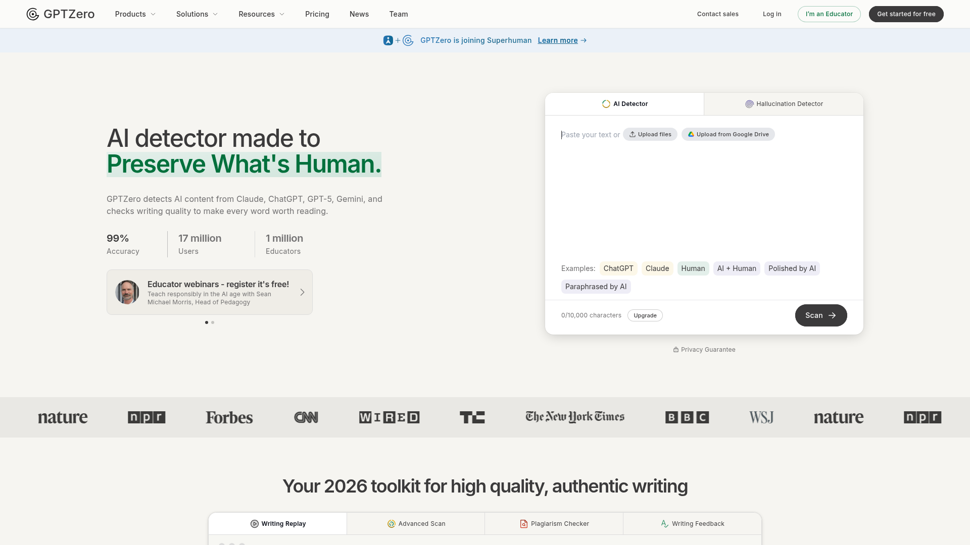 GPTZero AI detector product interface