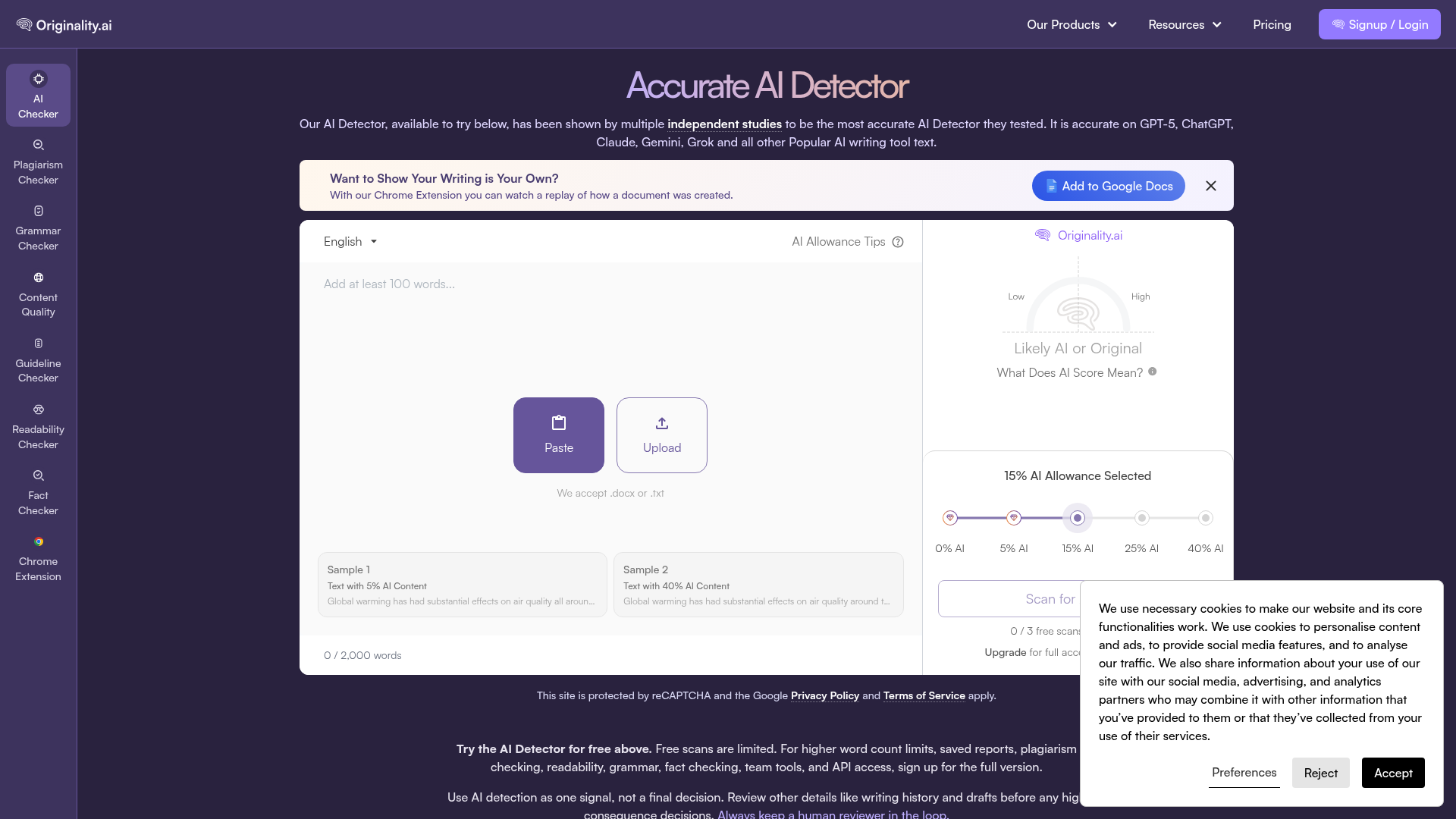Originality.ai detector and content-audit interface