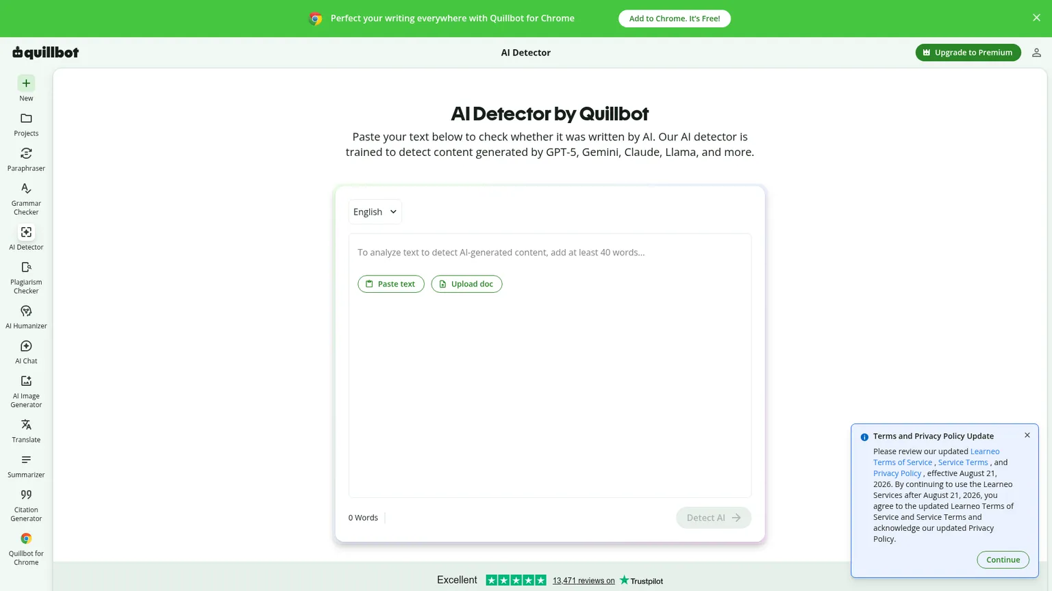 Бесплатный интерфейс детектора текста QuillBot