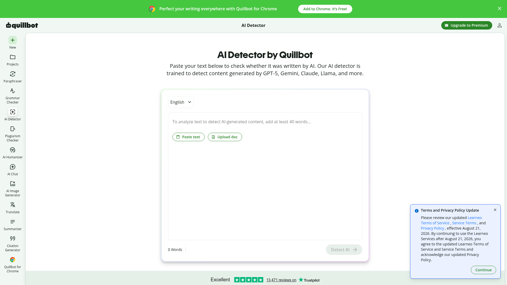 QuillBot free AI content detector interface