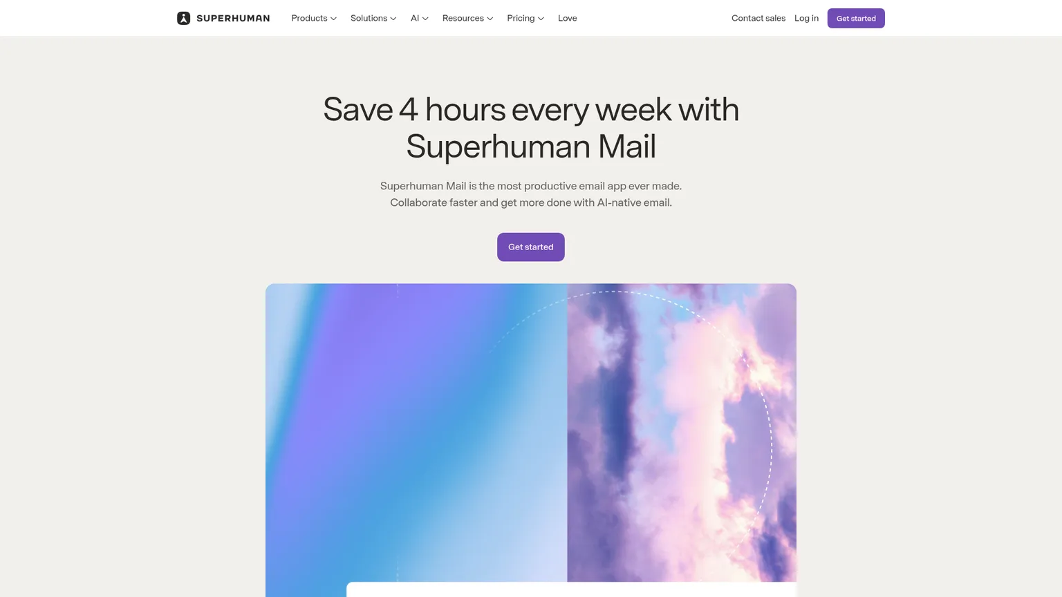 Page produit actuelle de Superhuman Mail présentant son client de messagerie et ses workflows IA