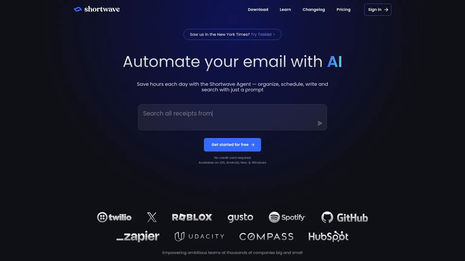 Page actuelle du client Gmail de Shortwave mettant en avant la recherche de mails et l’assistance IA