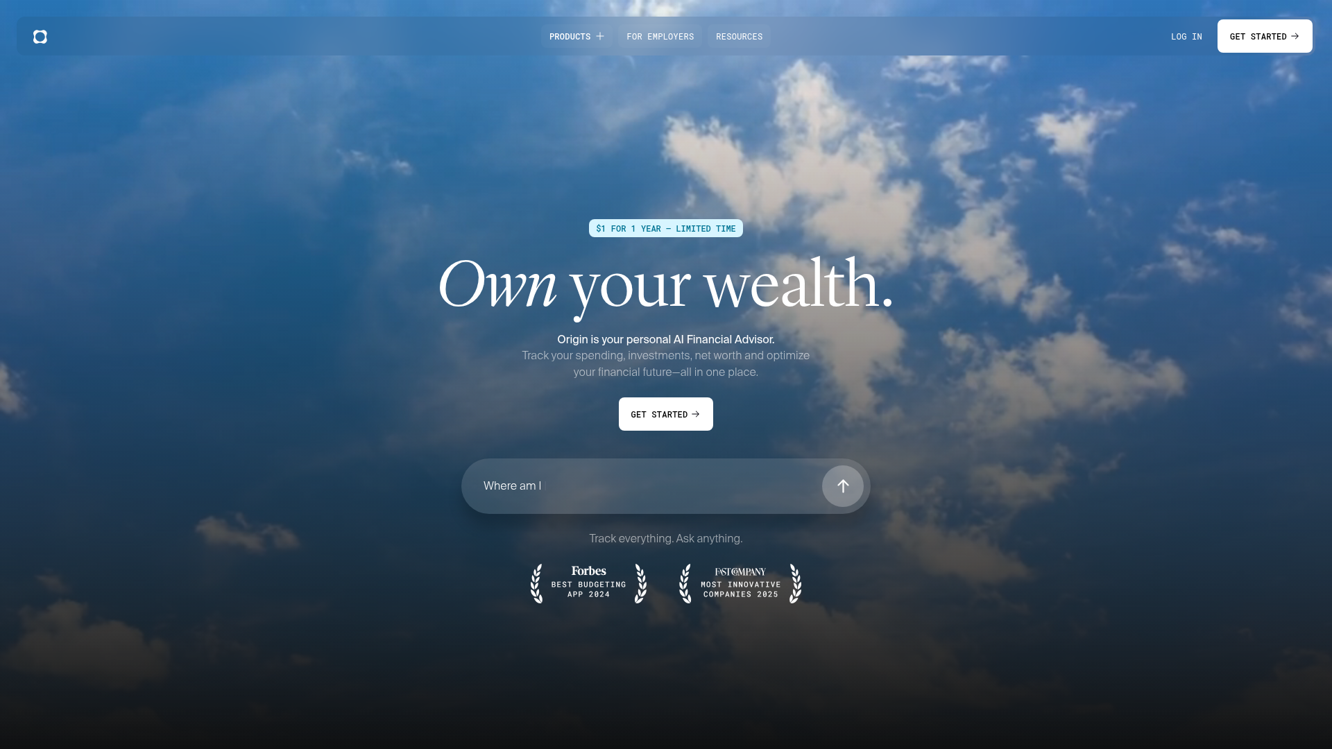 Origin financial planning platform homepage