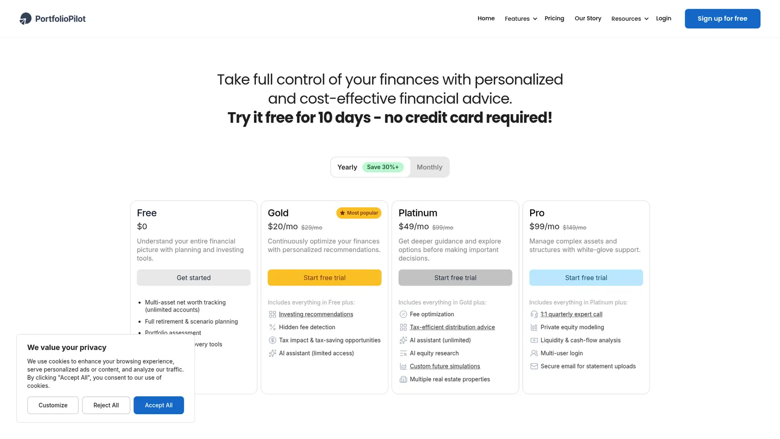 PortfolioPilot plans and portfolio analysis pricing