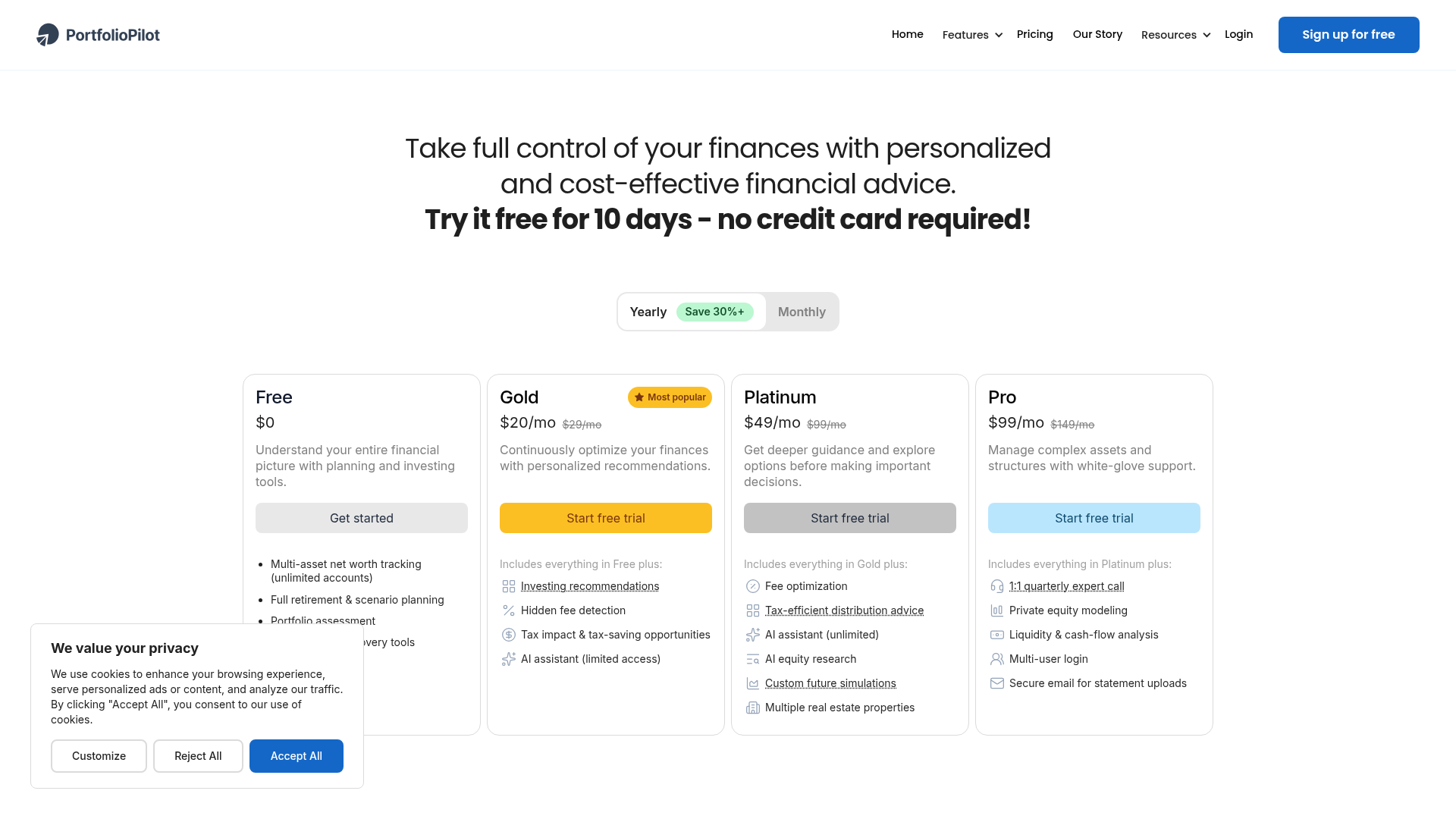 PortfolioPilot plans and portfolio analysis pricing