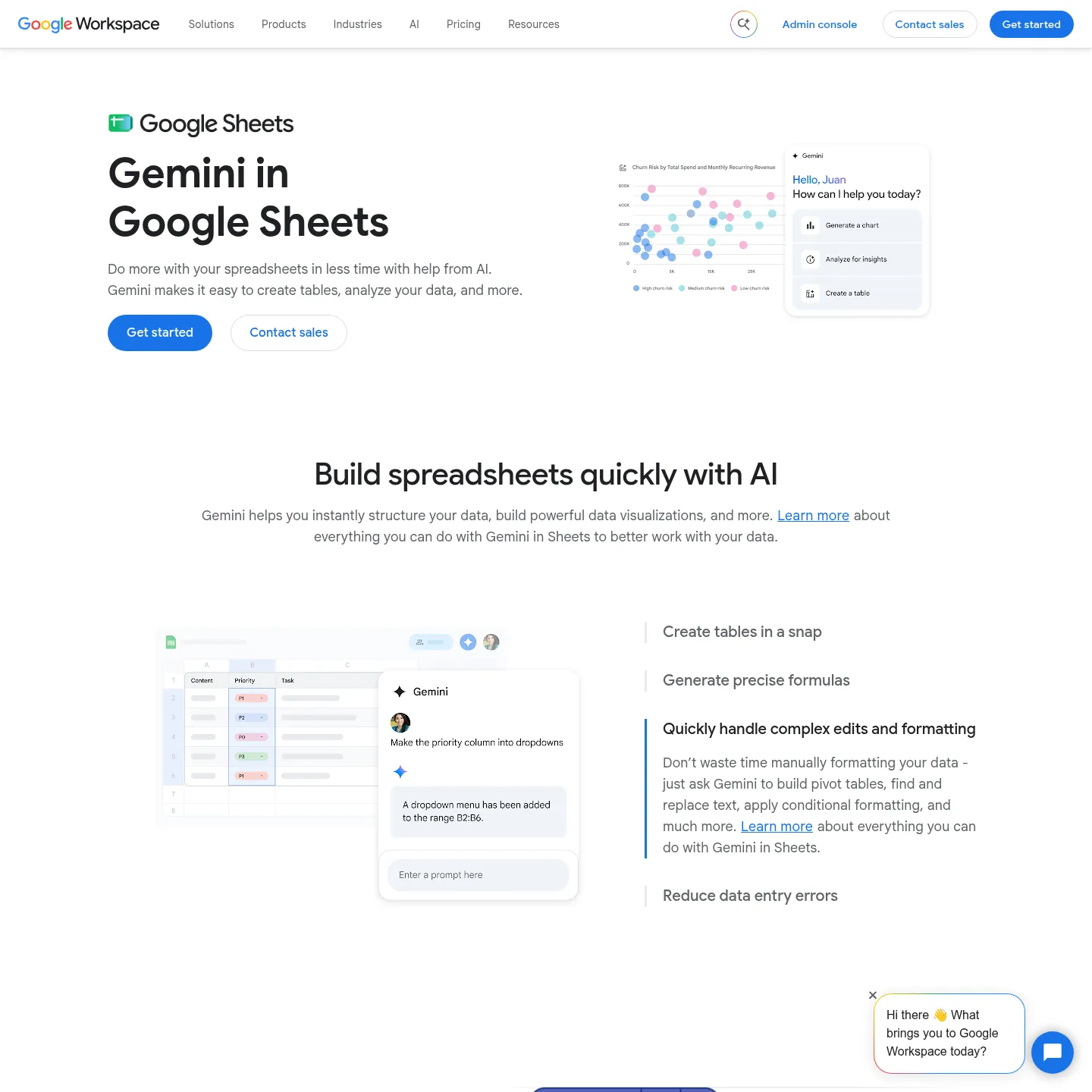 Google 官方 Gemini in Sheets 页面,展示电子表格辅助功能