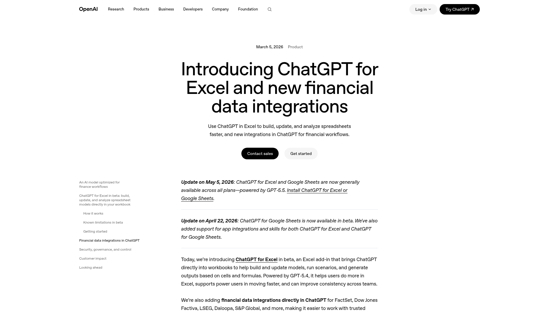 Official ChatGPT for Excel product page showing the Excel add-in