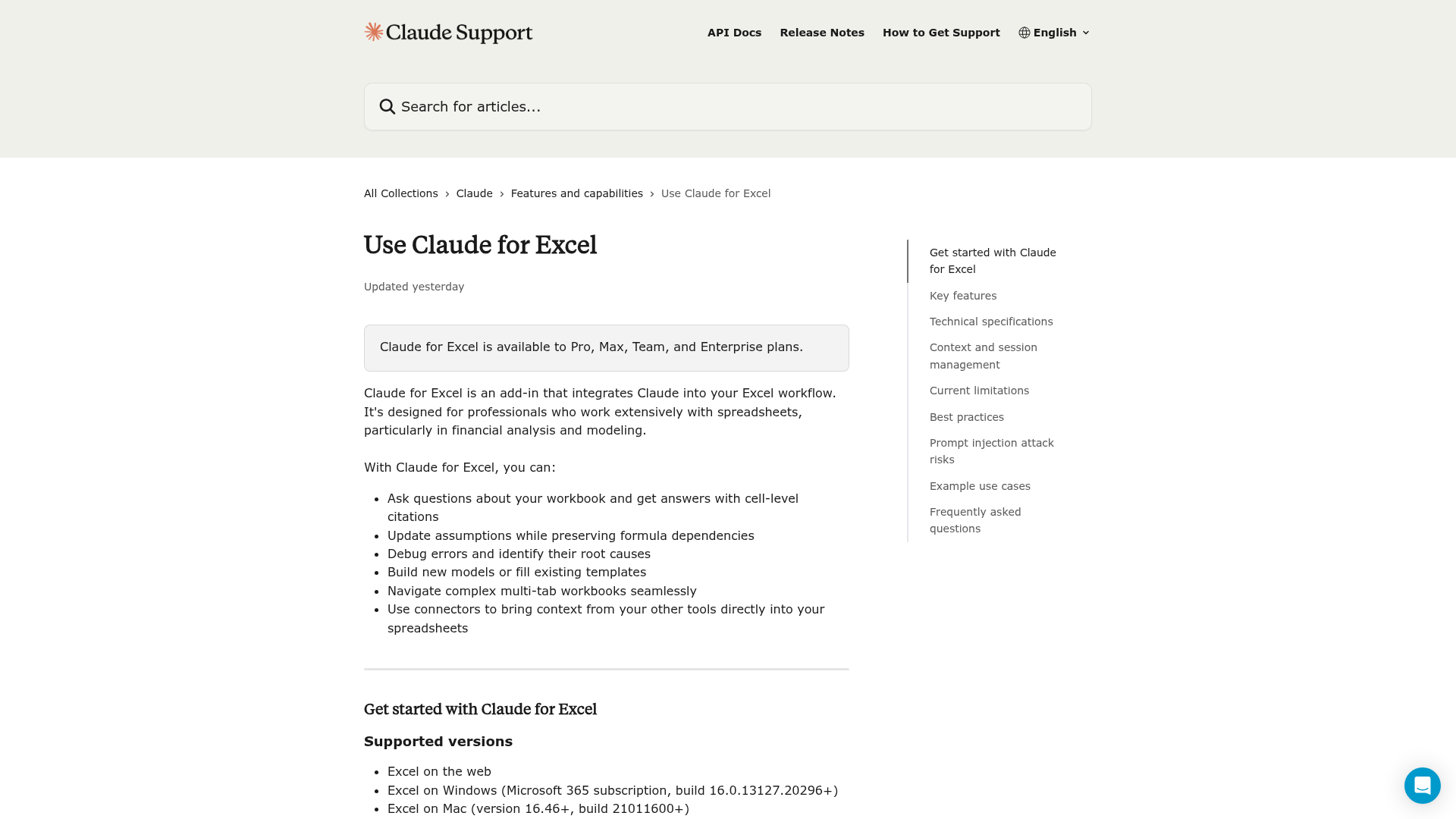 Official Claude for Excel documentation showing the Excel workflow