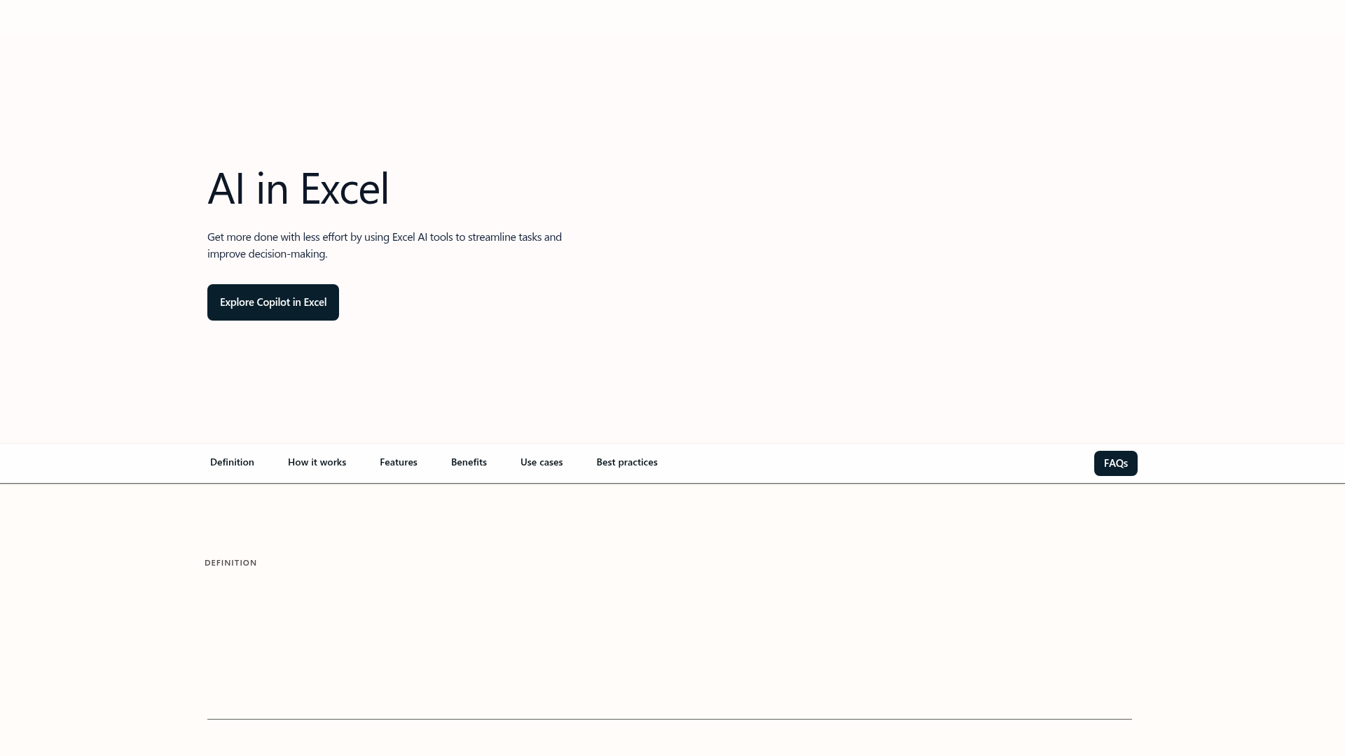 Microsoft AI in Excel page showing Copilot inside a spreadsheet