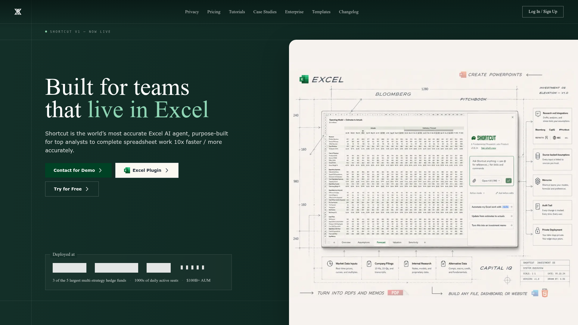Shortcut AI homepage showing its spreadsheet agent for finance workflows