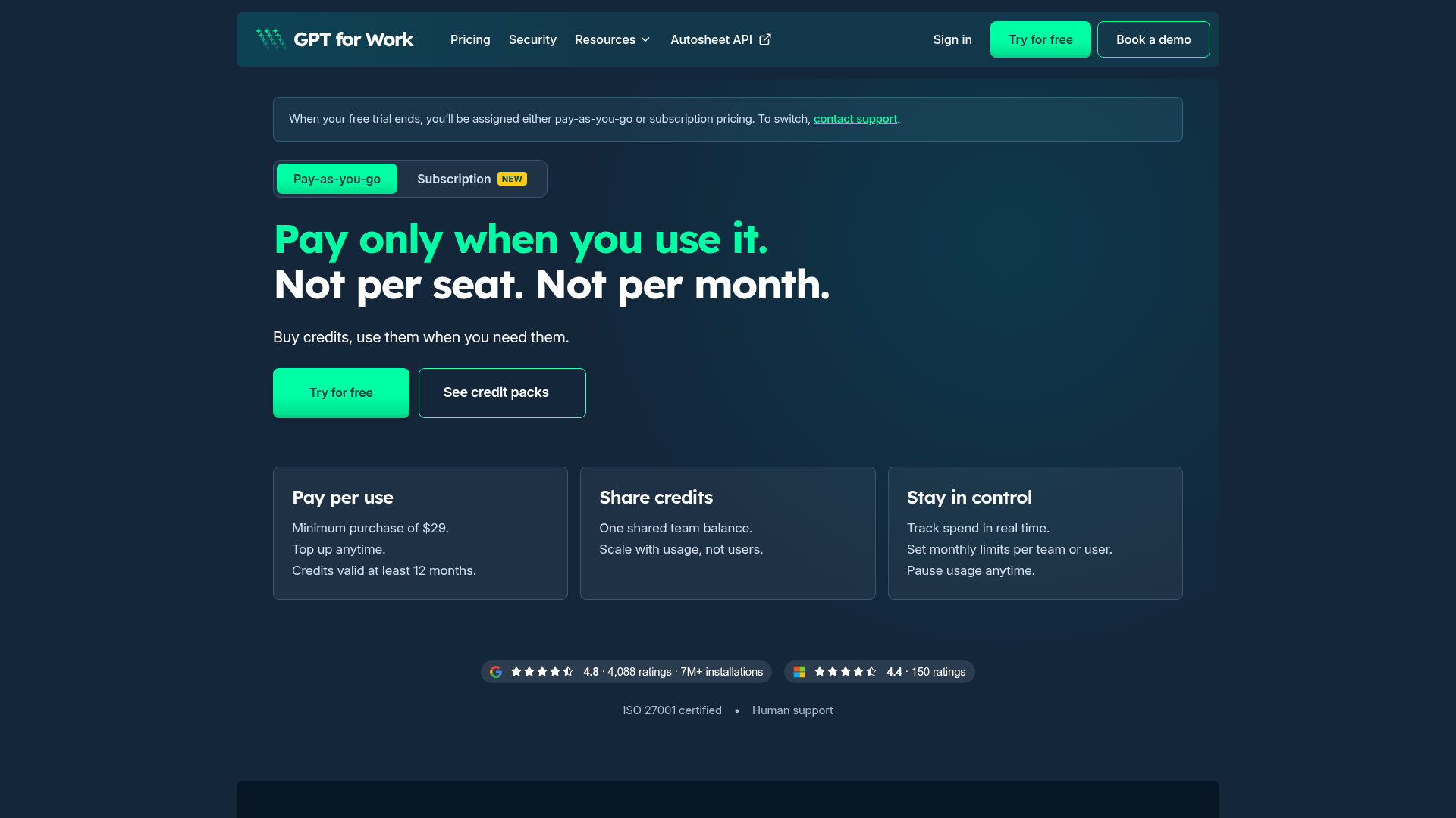 GPT for Work pricing page showing pooled pay-as-you-go credit packs
