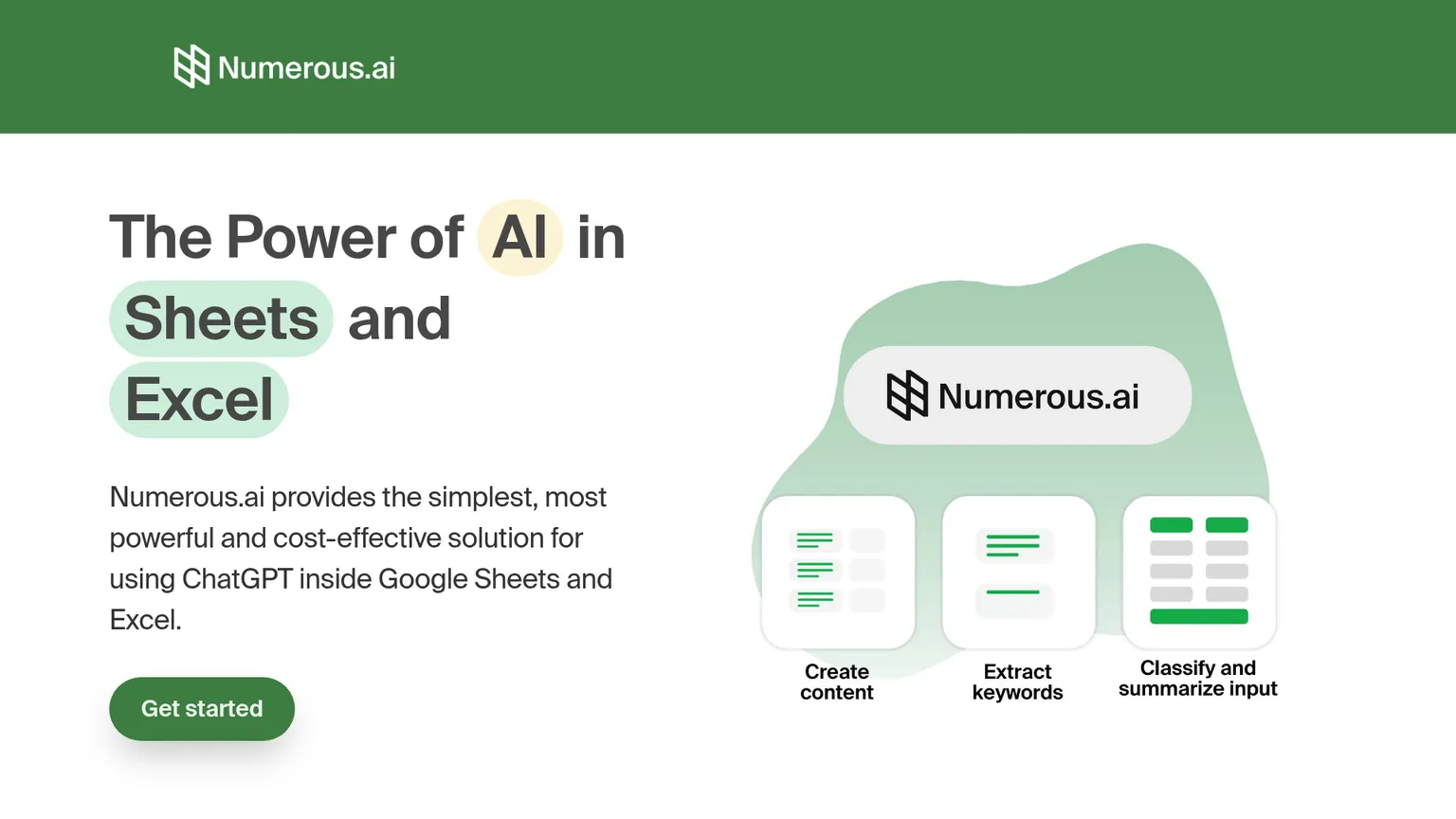 展示内置于表格的 AI 函数操作效果的 Numerous.ai 官网主页