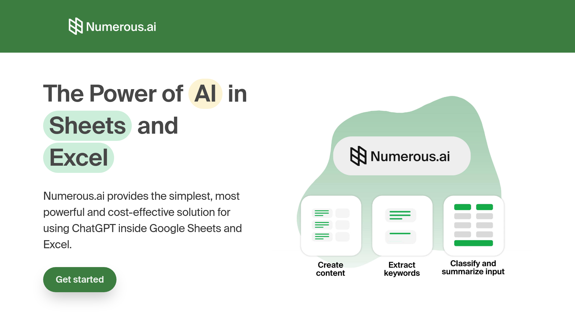 Numerous.ai homepage showing its AI function for Excel and Google Sheets
