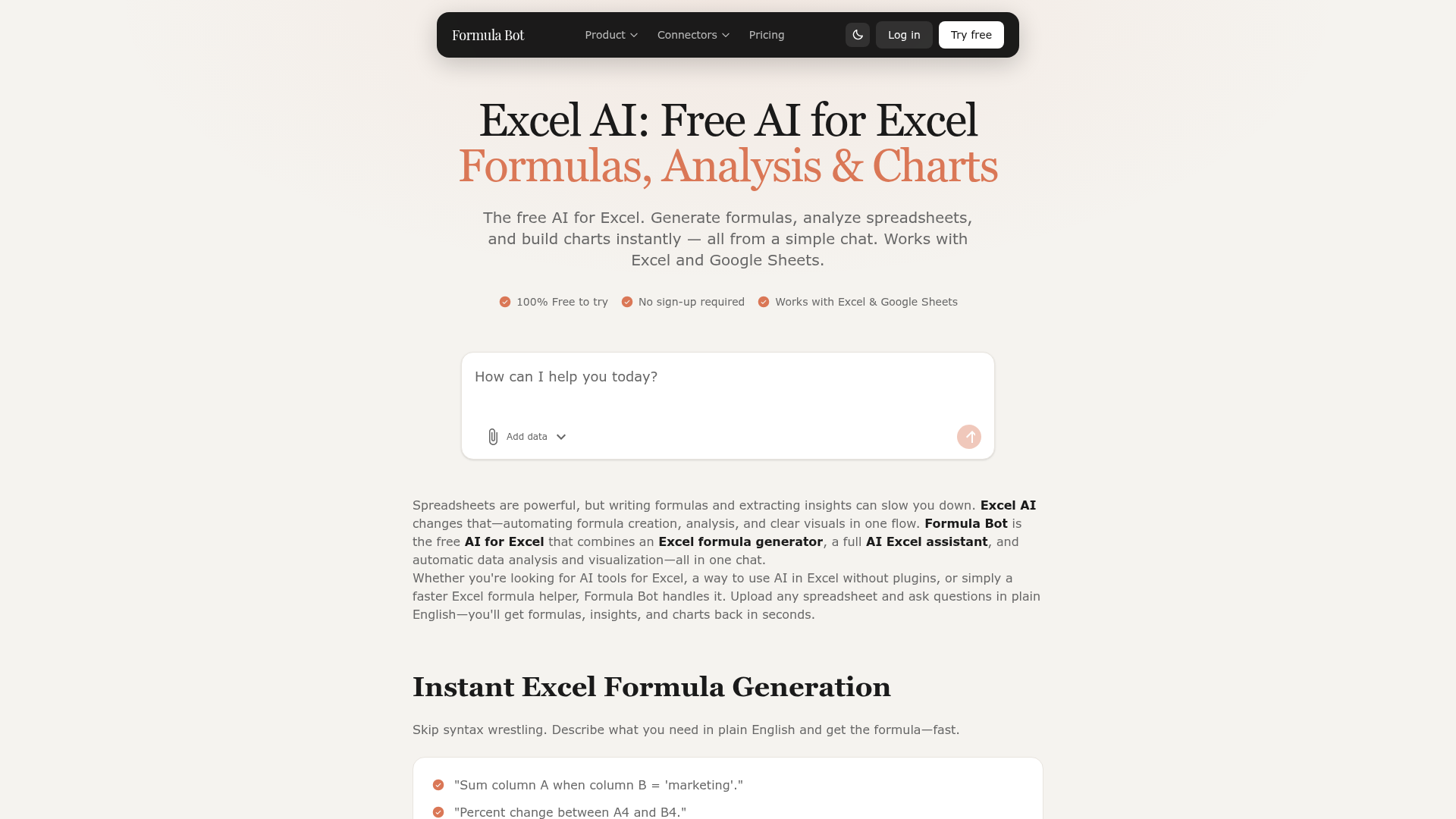 Formula Bot Excel AI page showing formula, analysis, and chart features