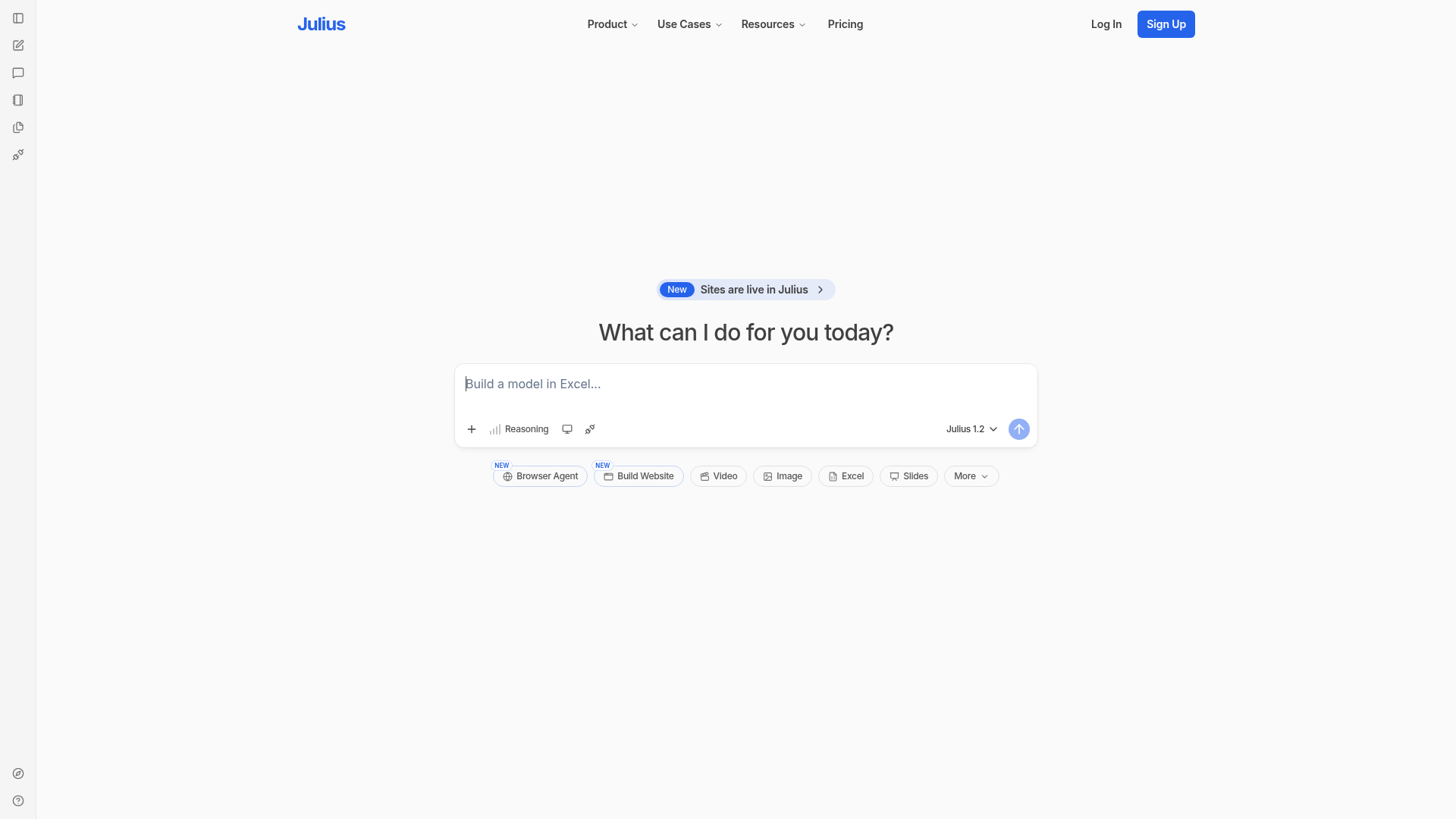 Julius AI homepage showing its conversational data-analysis workspace